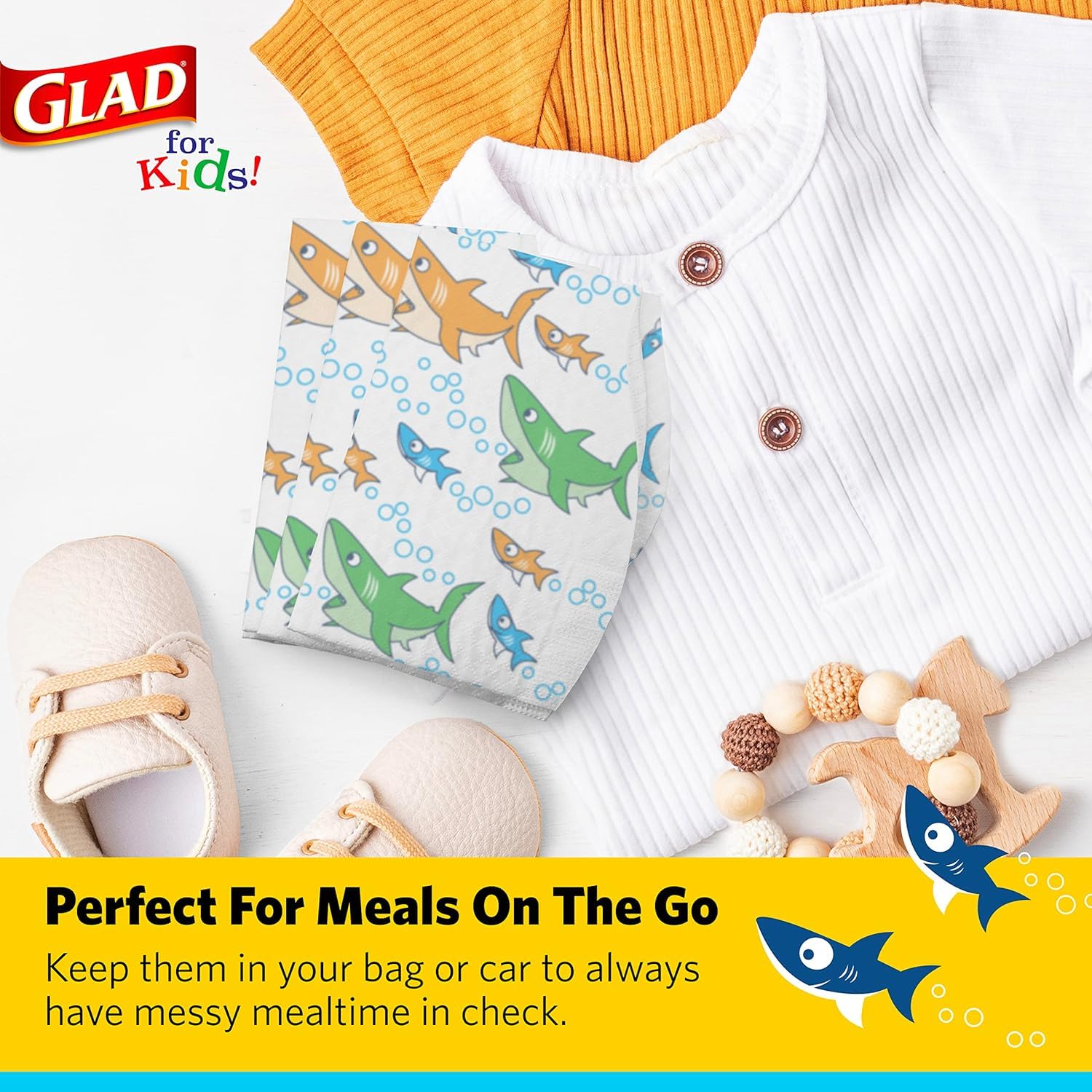 Glad Disposable Paper Bibs with Adorable Shark Design for Babies & Toddlers - 24 Pack Travel Bibs for Messy Meals, On-the-Go Feeding & Daycare Use