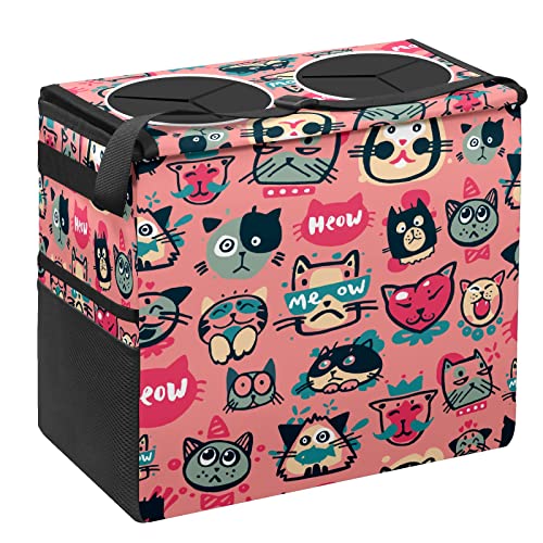 Foldable Leakproof Car Trash Can with Lid - Medium Size Storage Bag Organizer for SUV, Cars & Vehicles - Cute Hipster Cat Design with Mesh Pockets & Double Opening - Perfect for Road Trips, Commuting & Keeping Your Vehicle Clean