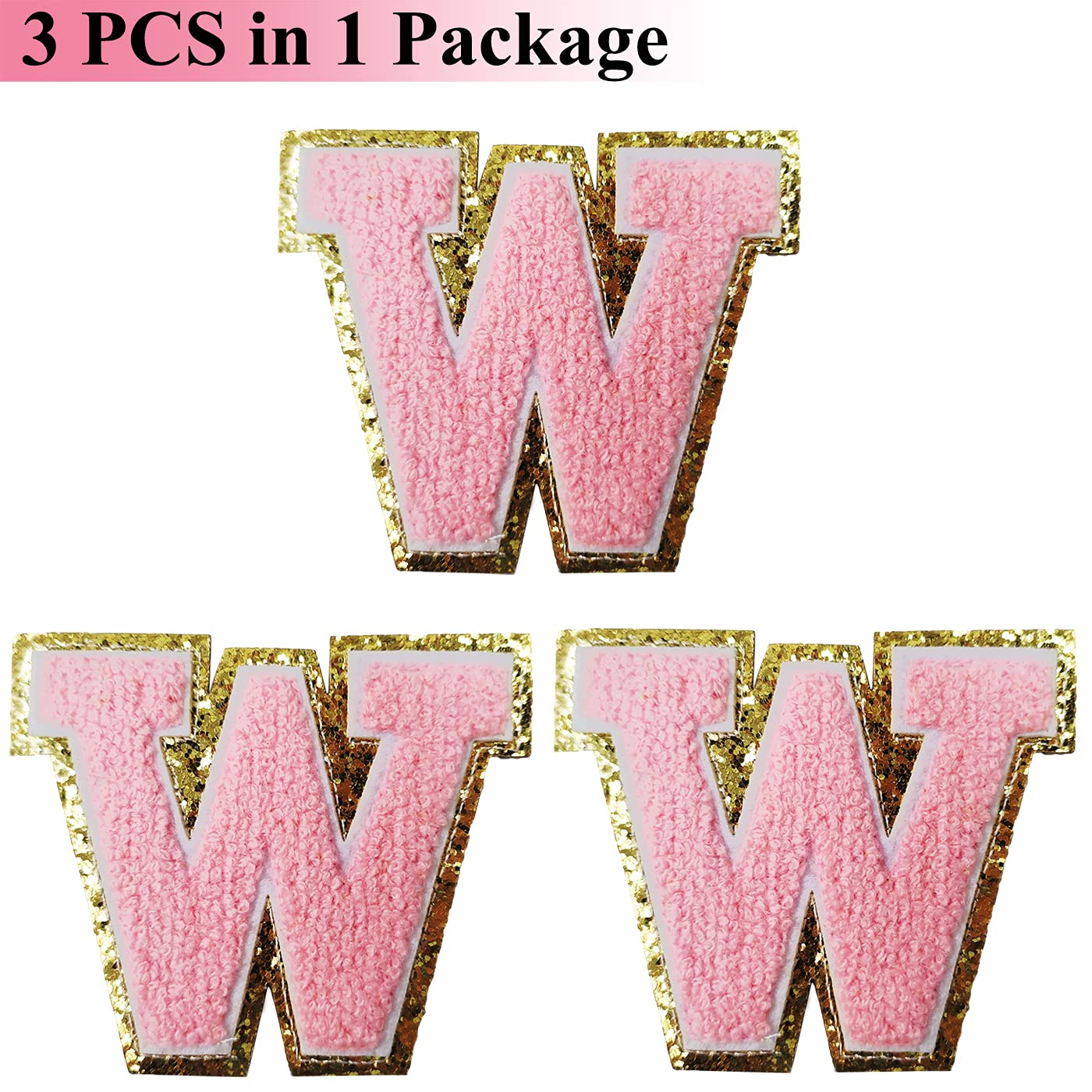 Gold Glitter & Pink Chenille Iron-On Letter Patches (3-Pack) – 3.1 Inch Varsity Initial Patches for Team Costumes, Jackets & DIY Decoration – Adhesive Sticker Letters for Clothing, Bags & Accessories