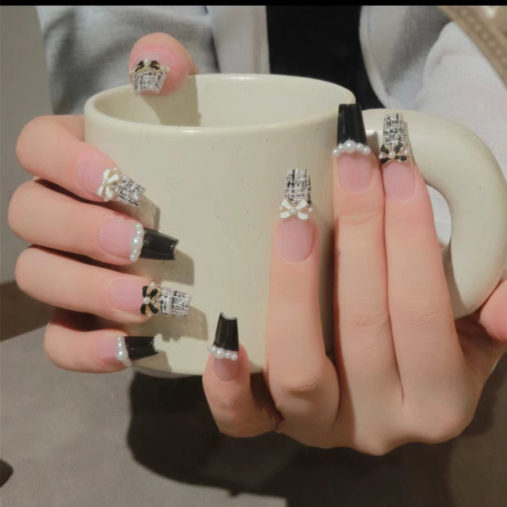 Elegant Autumn French Press on Nails with Butterfly Pearl Decor - Coffin Ballet Fake Nails for Brides & Girls | Perfect for Weddings, Parties & Special Occasions