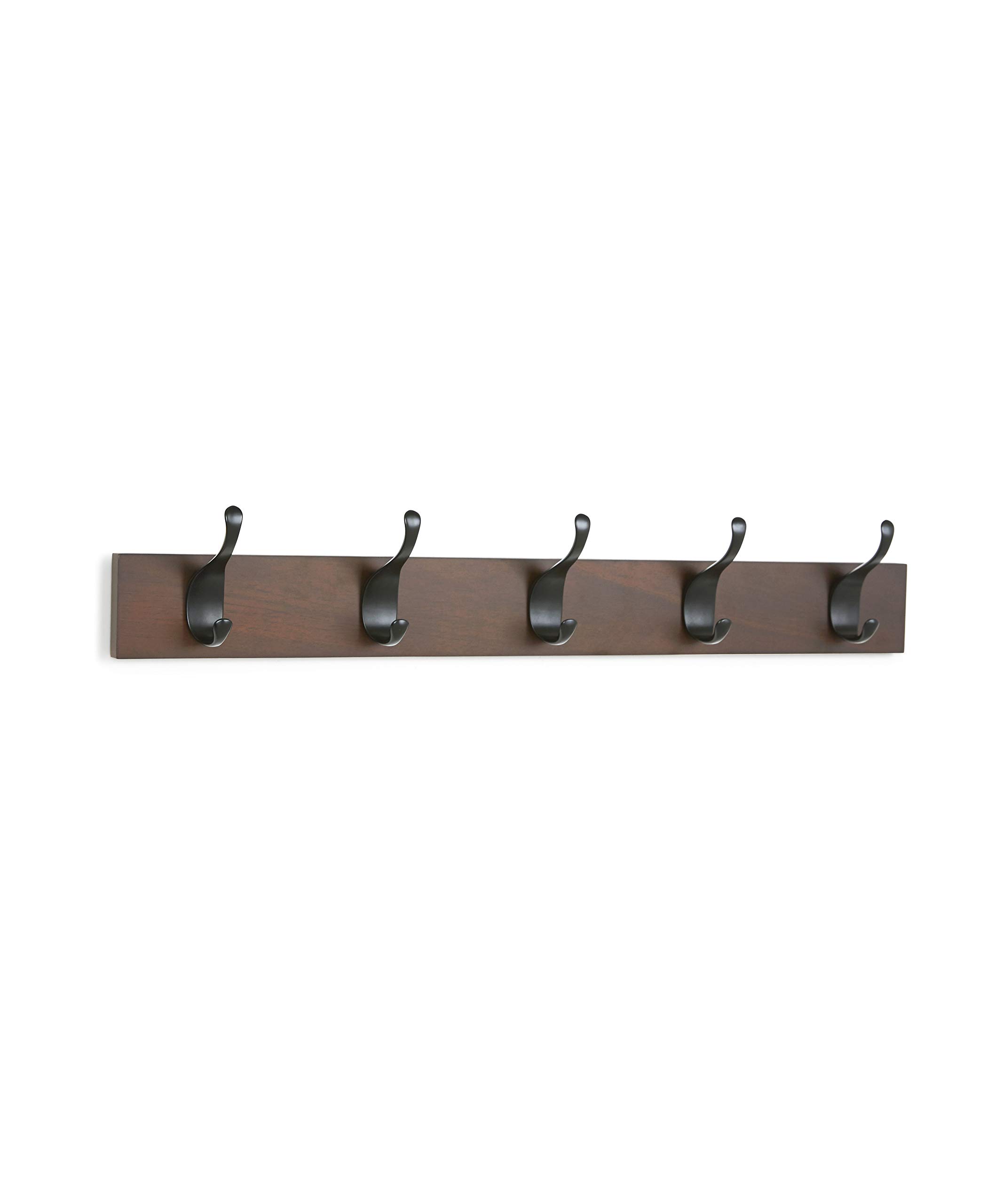 Amazon Basics Modern Walnut Wall Mounted Coat Rack - Set of 2 with 5 Hooks Each - Perfect for Entryway, Mudroom, Bedroom & Bathroom Organization