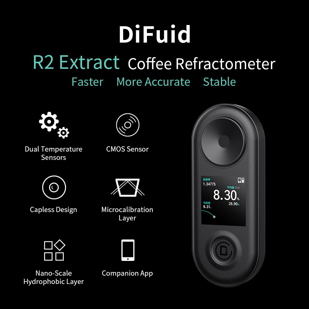 DiFluid R2 Extract Digital Brix Refractometer for Coffee - 0-30% TDS Range, 0.03% Accuracy, Multi-Test Modes with OTA Updates & DiFluid Café APP | Perfect for Coffee Brewing, Roasting, and Quality Control in Cafés & Home Use