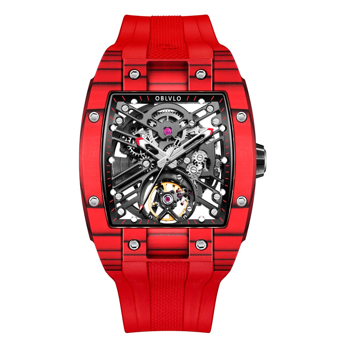 OBLVLO Luxury Men's Sport Watch - Square Tonneau Skeleton Design with Carbon Fiber & Stainless Steel, Automatic Mechanical Movement, Rubber Strap | Perfect for Business, Casual & Outdoor Activities