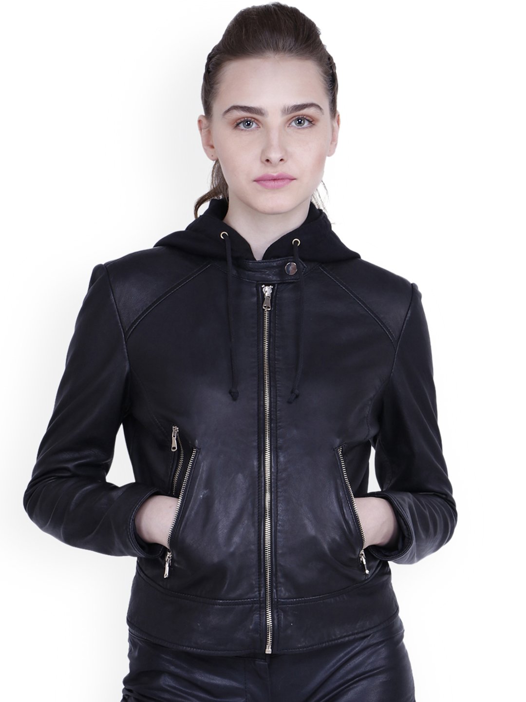 Women's Genuine Lambskin Leather Hooded Jacket - Black Tough Biker Style with Detachable Hood | Perfect for Motorcycle Riding, Winter Fashion & Outdoor Adventures