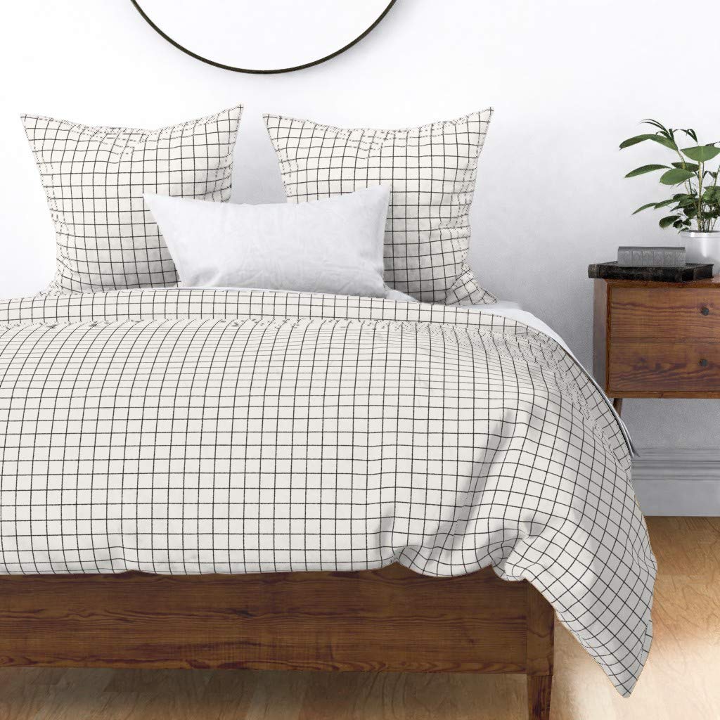Custom Garden Grid White Black Geometric Lines Checkered Plaid Mudcloth Print Cotton Sateen Duvet Cover - King/California King Size | Modern Bedroom Decor for Home & Guest Room