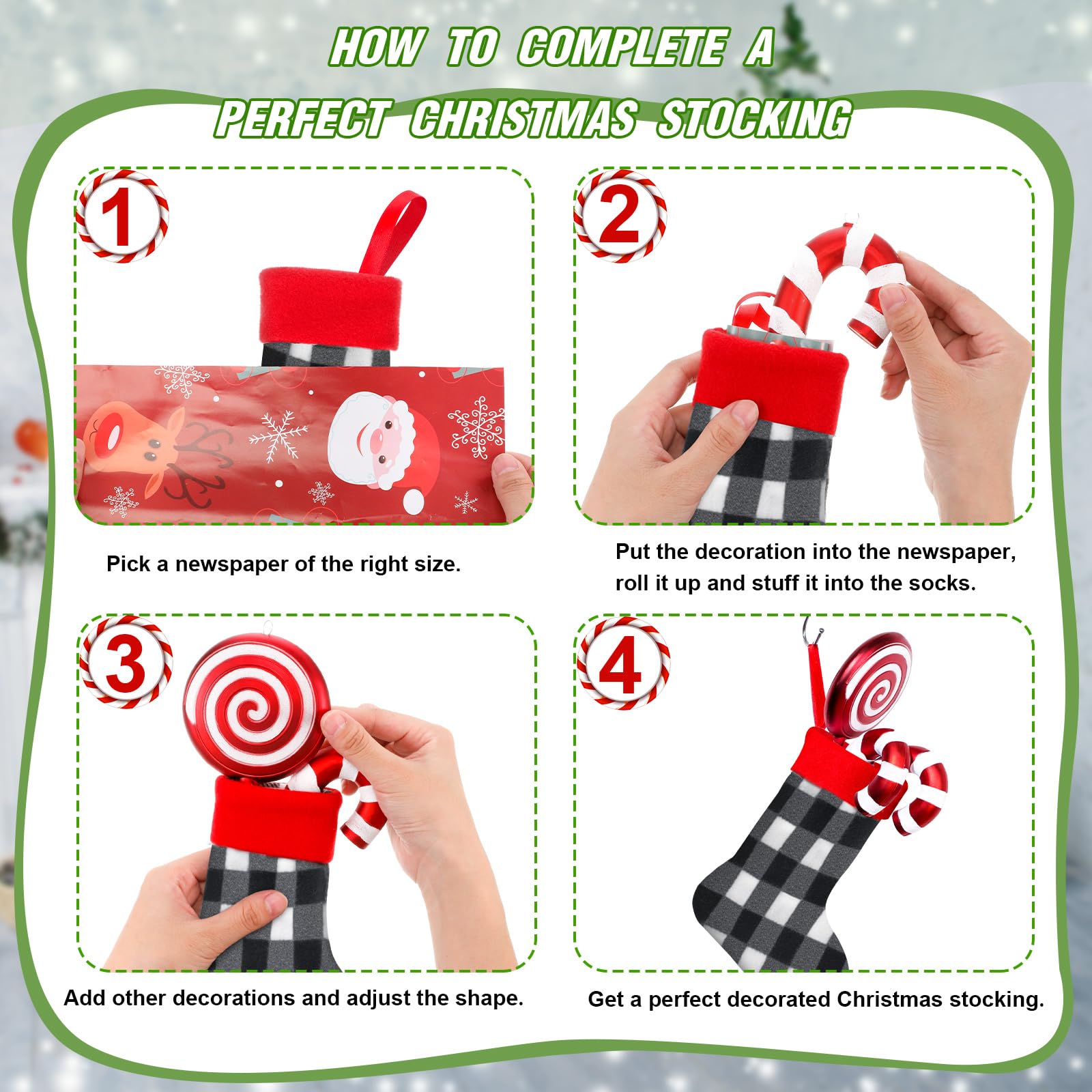 BBTO Mini Christmas Stockings 7 Inch - Plaid Buffalo Pattern Holiday Stocking Ornaments (White & Black, 48 Pack) for Tree Decorations, Gift Bags, Party Favors and Festive Home Decor
