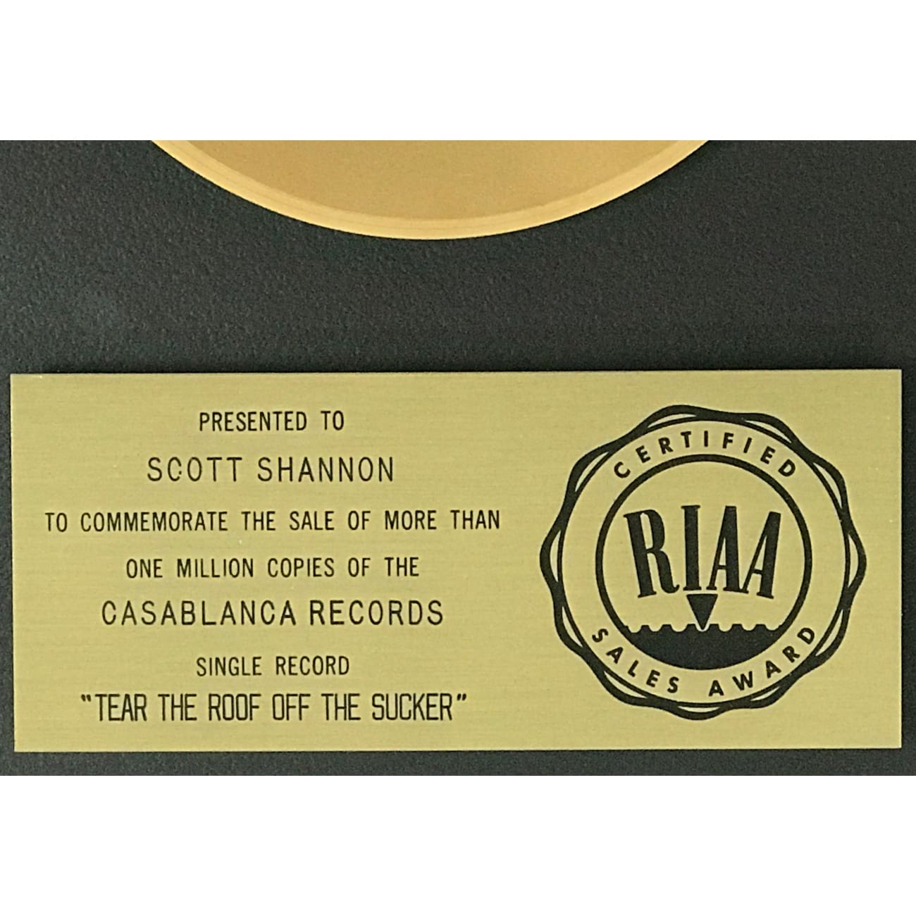 Parliament - Tear The Roof Off The Sucker RIAA Gold 45 Award - Vintage Music Collectible for Fans & DJs