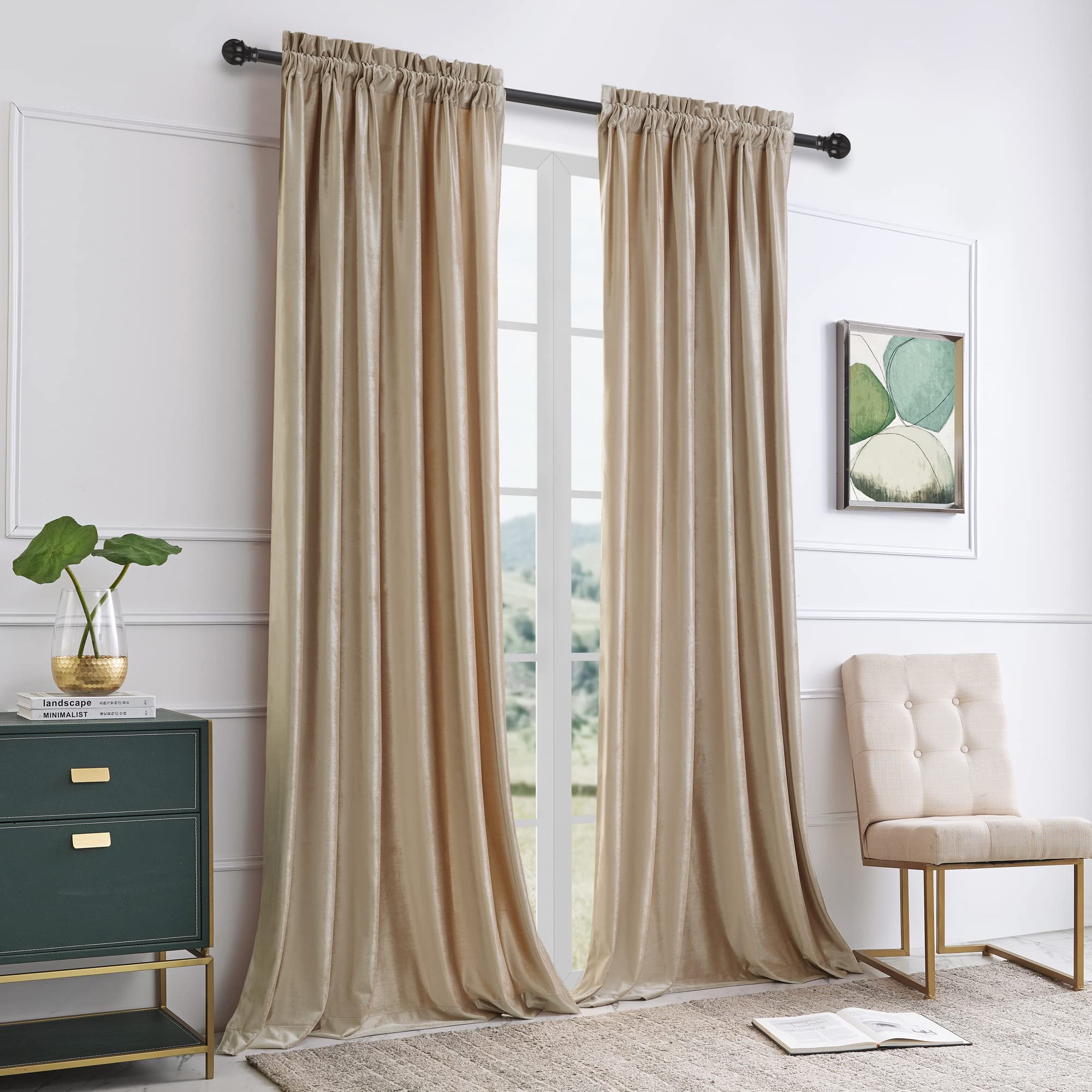 Premium Blackout Curtains 108 Inch - Velvet Rod Pocket Window Drapes for Living Room & Bedroom (Set of 2 Panels) | Semi Room Darkening, Thermal Insulated, Noise Reducing | Elegant Champagne Home Decor for Better Sleep & Privacy