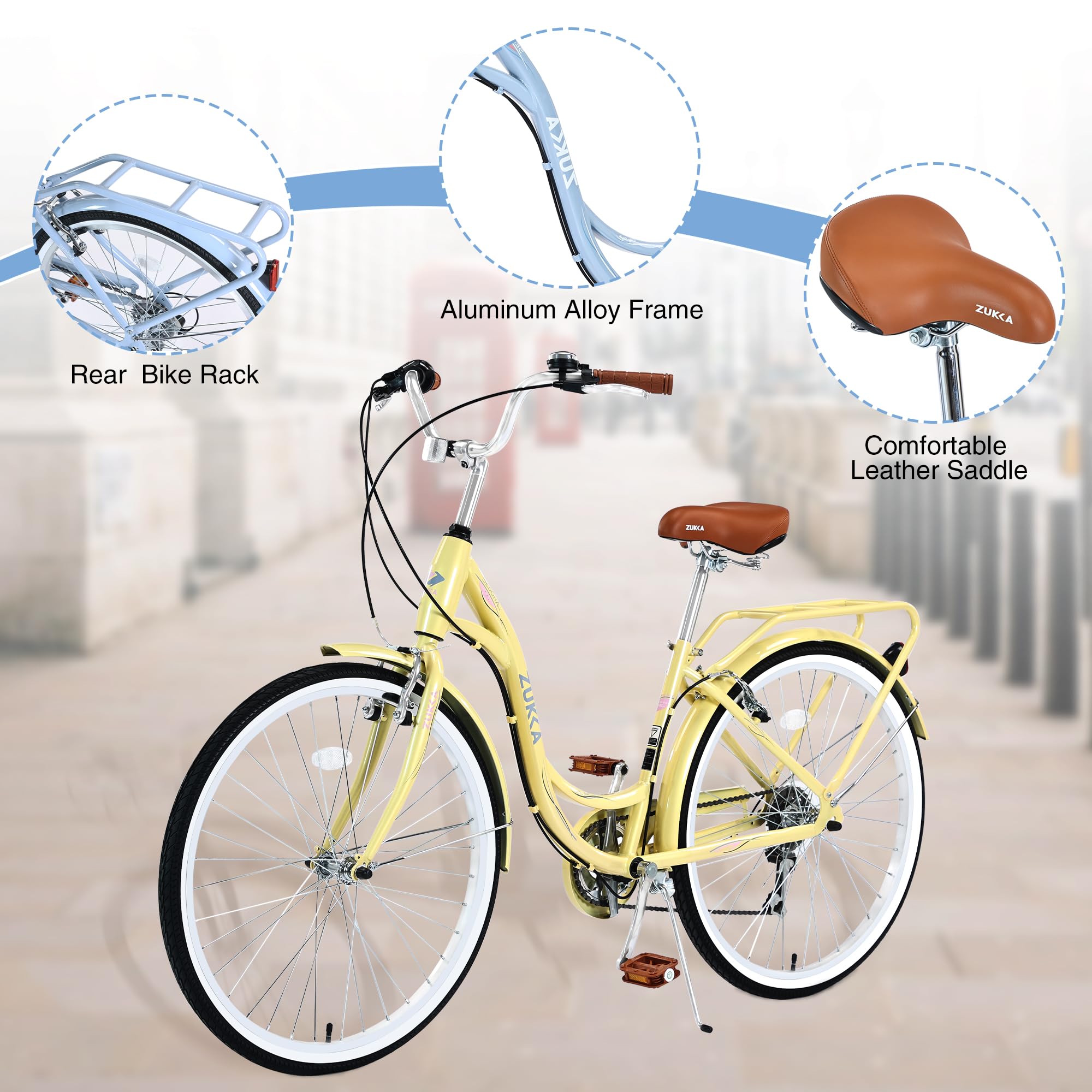**ZUKKA 24/26 Inch Women's Beach Cruiser Bike - 7 Speed City Bicycle with Dual V-Brake, Adjustable Seat & Multiple Colors - Perfect for Commuting, Leisure Rides & Coastal Adventures**