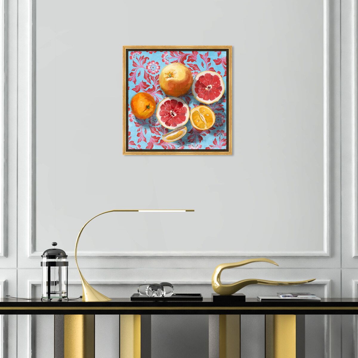 Tropical Citrus Still Life Blue Framed Canvas Wall Art Print - Sour & Vibrant Kitchen Decor for Cabin, Lodge & Home