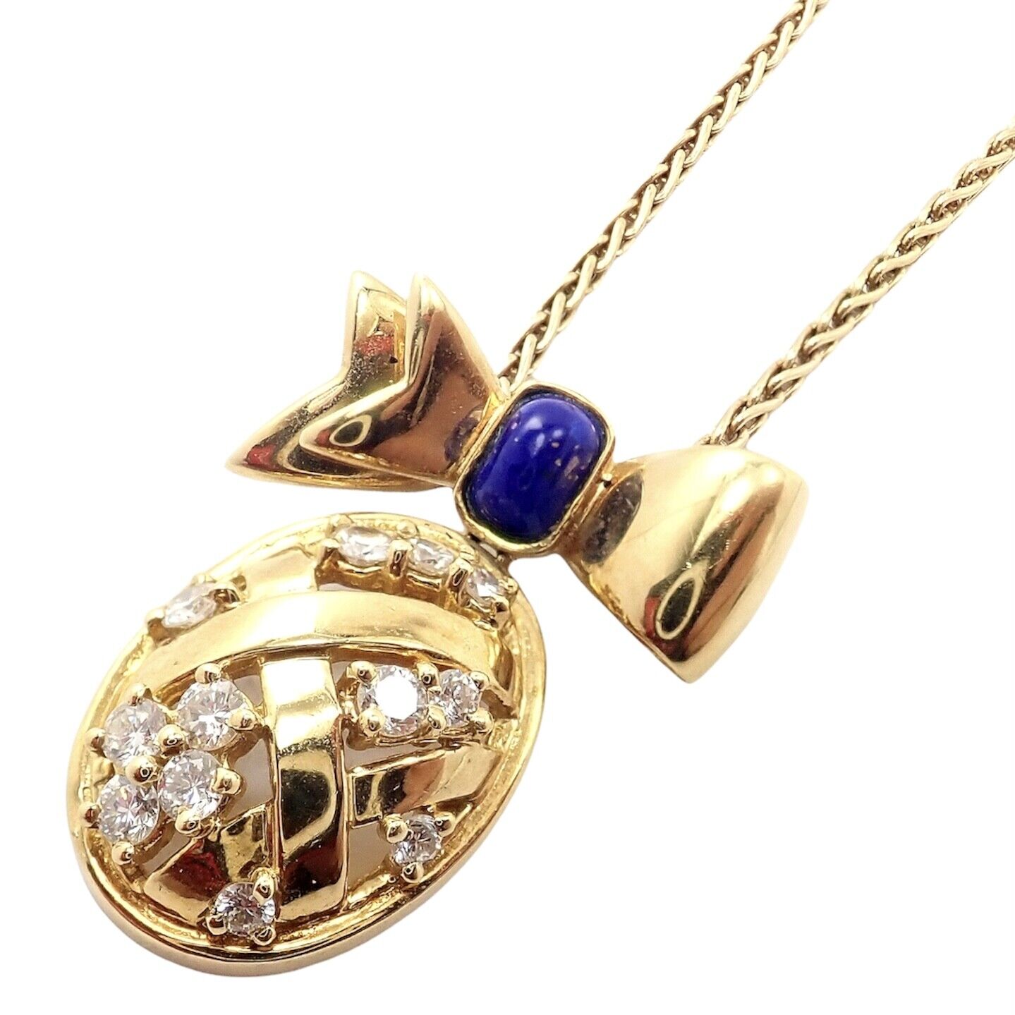 Authentic Christian Dior 18k Yellow Gold Lapis Diamond Egg Pendant Necklace - Luxury Jewelry Gift for Women, Perfect for Weddings & Special Occasions