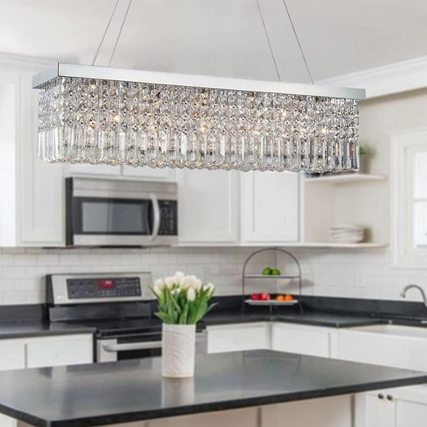 SEFINN FOUR Modern Crystal Chandelier - Adjustable Height 30-Inch Rectangular Pendant Light Fixture for Dining Room, Living Room, Kitchen Island - Easy Installation with Video Guide - Perfect for Home Decor and Ambient Lighting