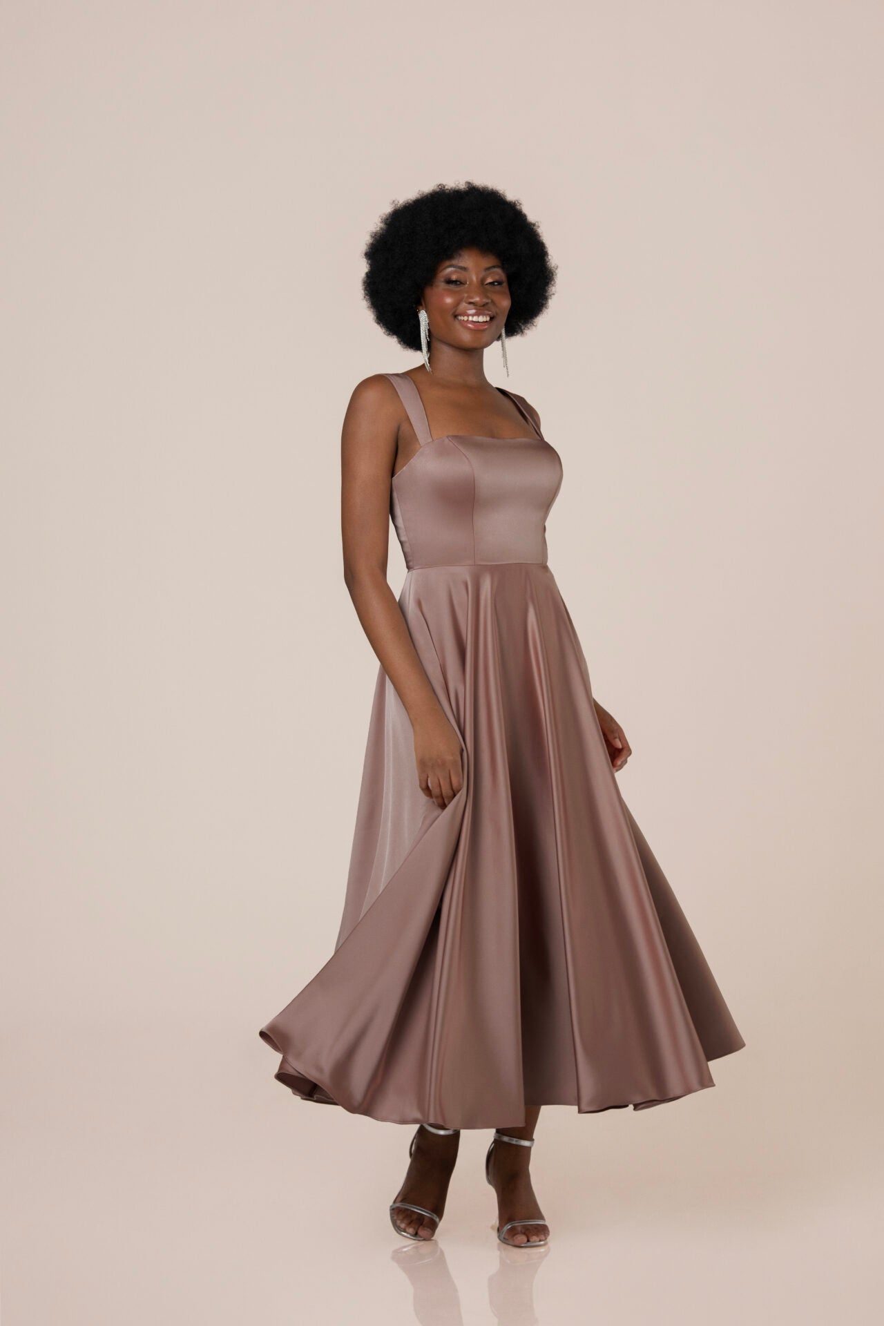 Giuliana Tea Length Charmeuse Dress - Elegant Formal & Wedding Guest Gown for Special Occasions