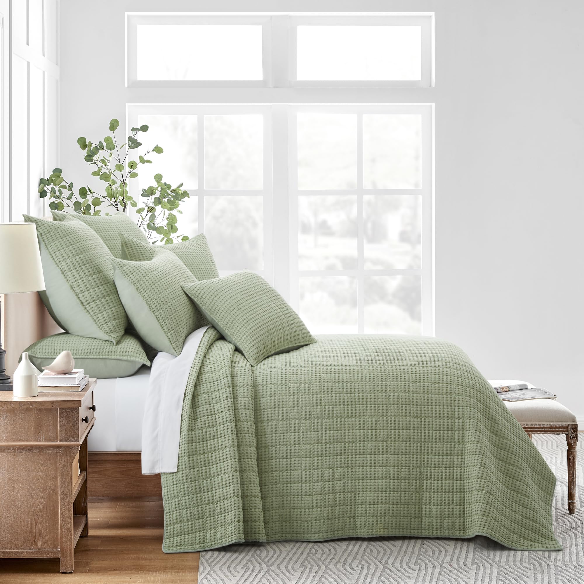 Levtex Home Mills Waffle King Quilted Bedspread Set - Desert Sage Cotton Waffle Weave Bedding - 120