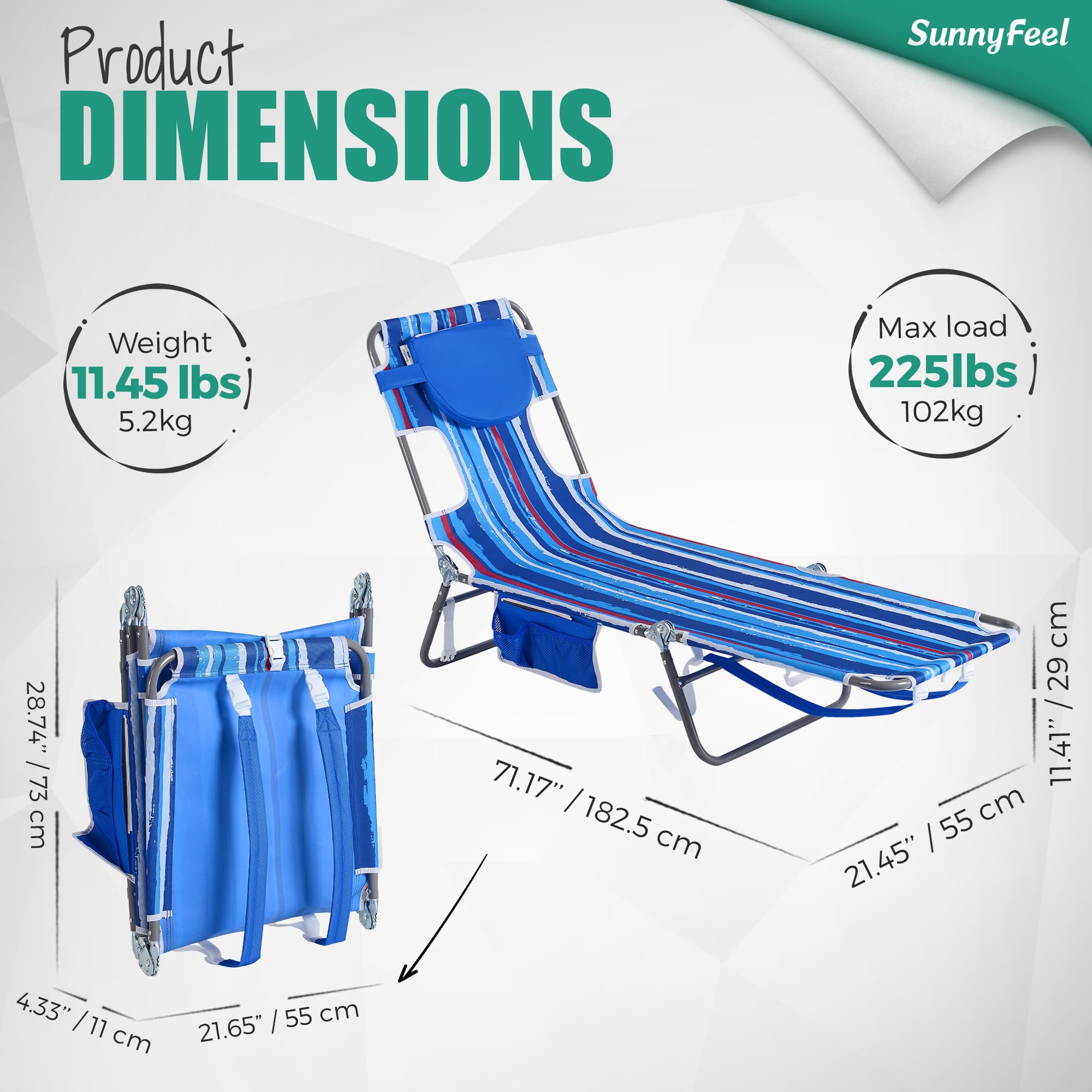 SUNNYFEEL Portable Folding Beach Lounge Chair - Adjustable Reclining Backpack Beach Chair for Tanning, Camping & Picnics | Lightweight Sunbathing Chair with Carry Straps for Outdoor, Lawn, Poolside & Travel Use