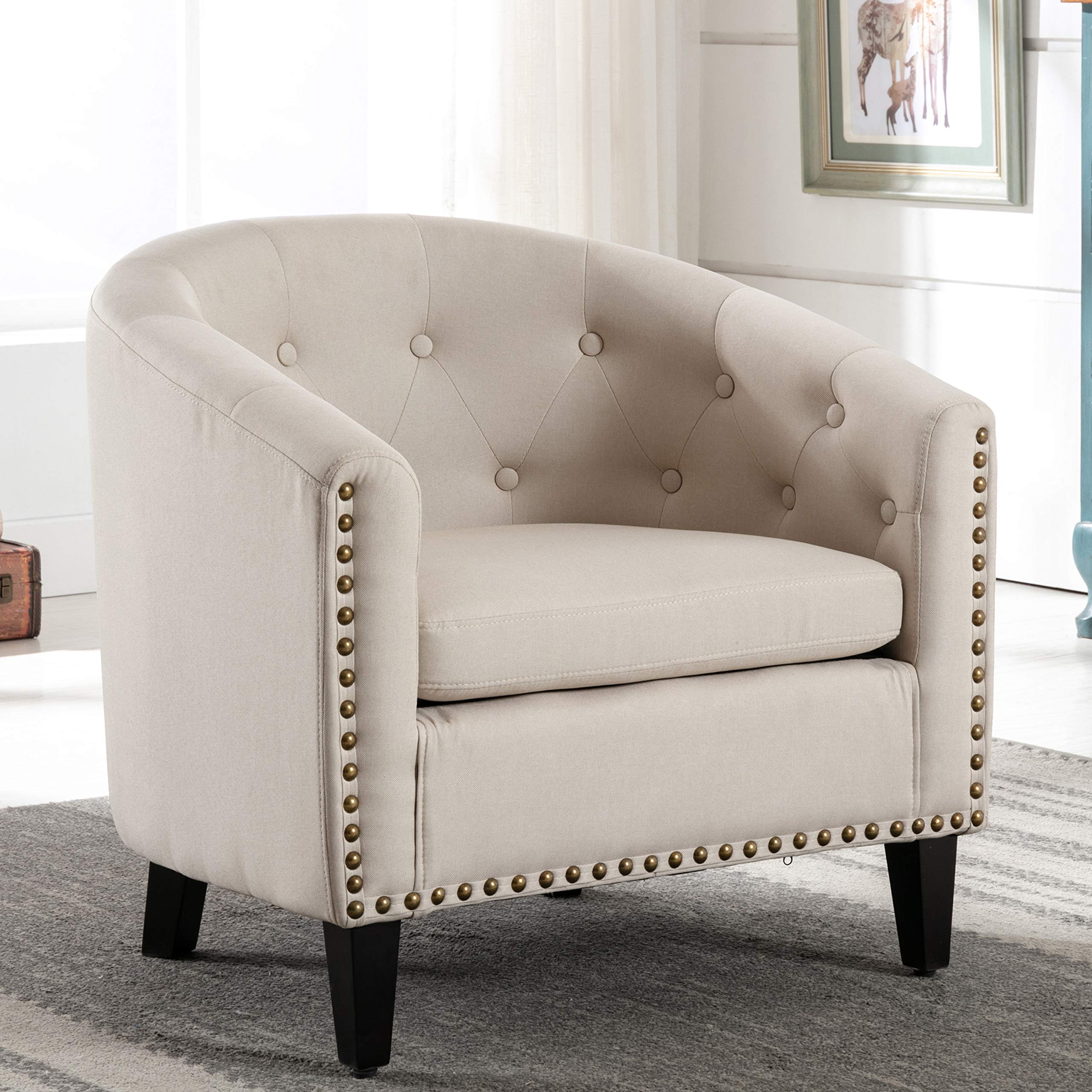 Modern Linen Fabric Tufted Barrel Chair - High Back Accent Armchair with Wooden Legs & Padded Armrests for Living Room, Bedroom or Office - Comfortable Club Tub Chair in Beige for Relaxing & Home Decor