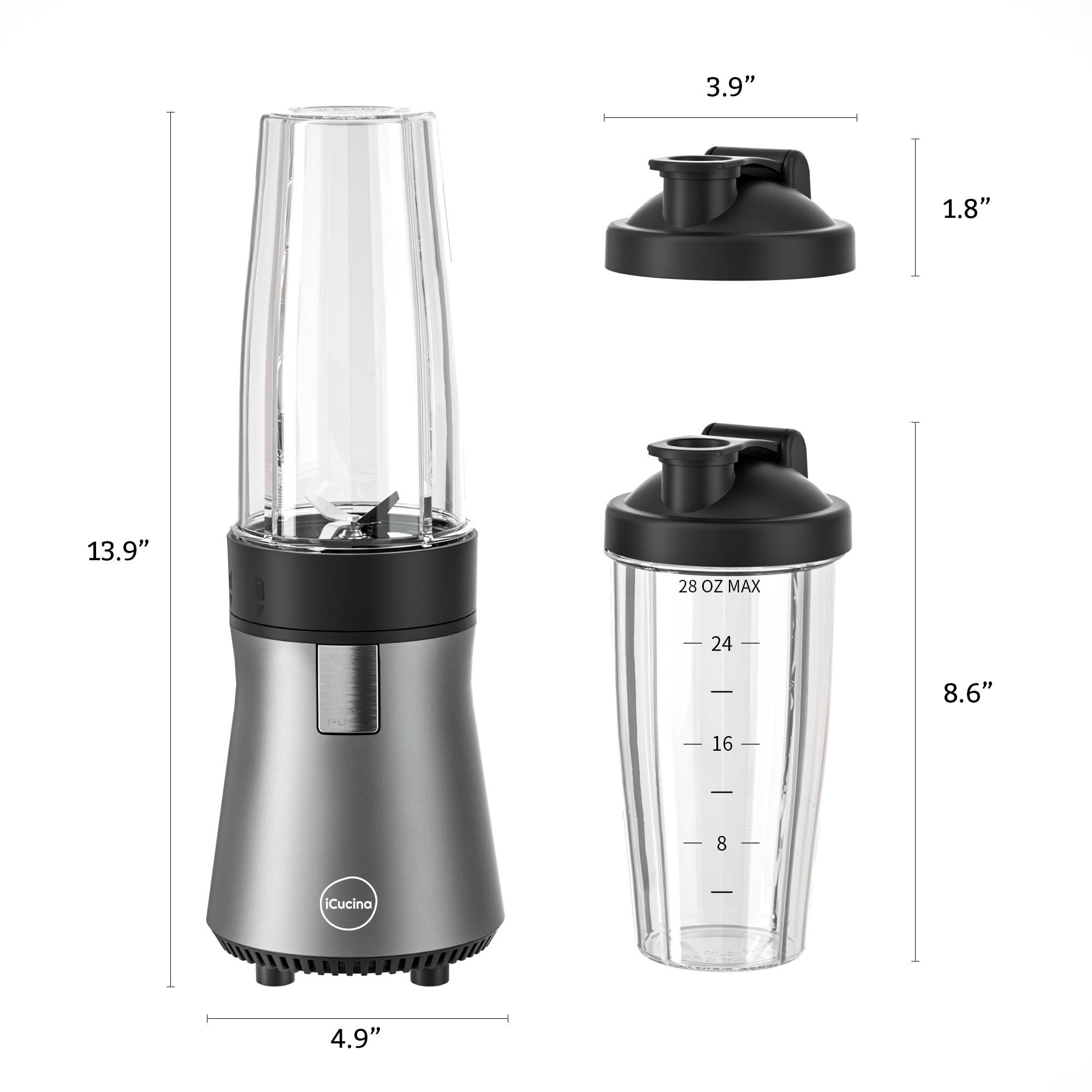 iCucina 500W Personal Smoothie Blender for Shakes, Smoothies & Frozen Drinks - Includes 2 x 28oz Portable Cups with Lids - Perfect for Gym, Office & Home Use - Metal Gray