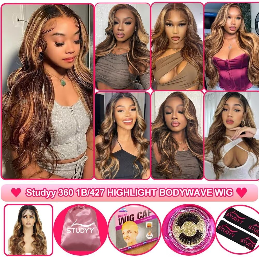 26 Inch Ombre Lace Front Wig Human Hair - 180% Density 360 Lace - Honey Blonde HD Lace Front Wig with Body Wave & Balayage - Pre Plucked for Women - Perfect for Daily Wear, Parties & Special Occasions