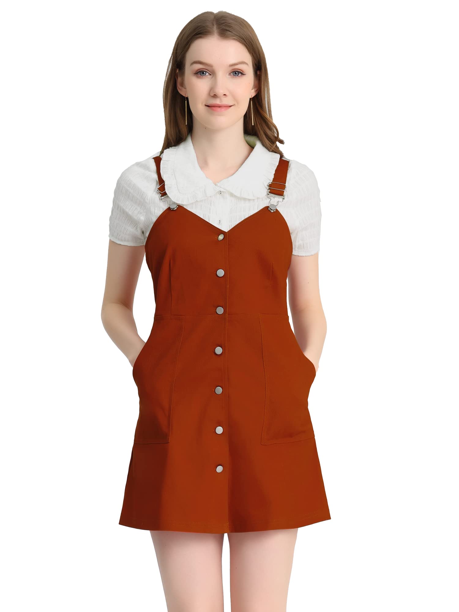 Allegra K Women's Adjustable Strap Cotton Pinafore Jumper Dress with Pockets - Casual Button Down Overalls for Spring & Summer Outfits