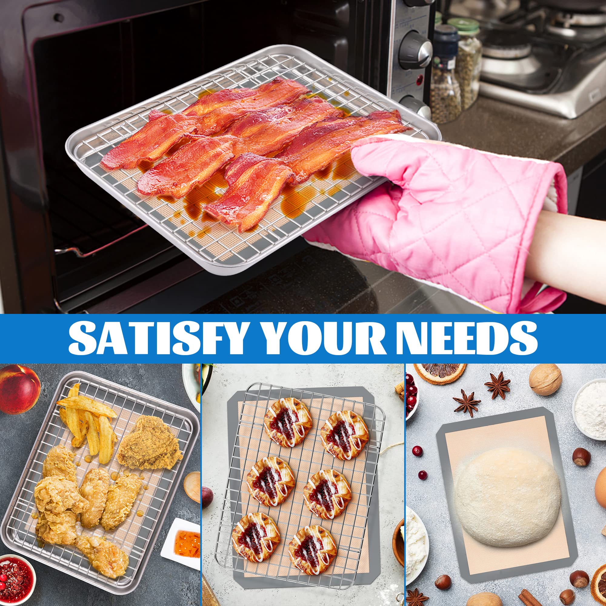 P&P CHEF 3-Piece Stainless Steel Toaster Oven Pan Set with Grid Rack & Silicone Mat - 9 x 7 x 1 Inch Baking Tray, Cooling Roasting Rack, Dishwasher Safe - Perfect for Toasting, Baking, Roasting & Meal Prep in Small Ovens