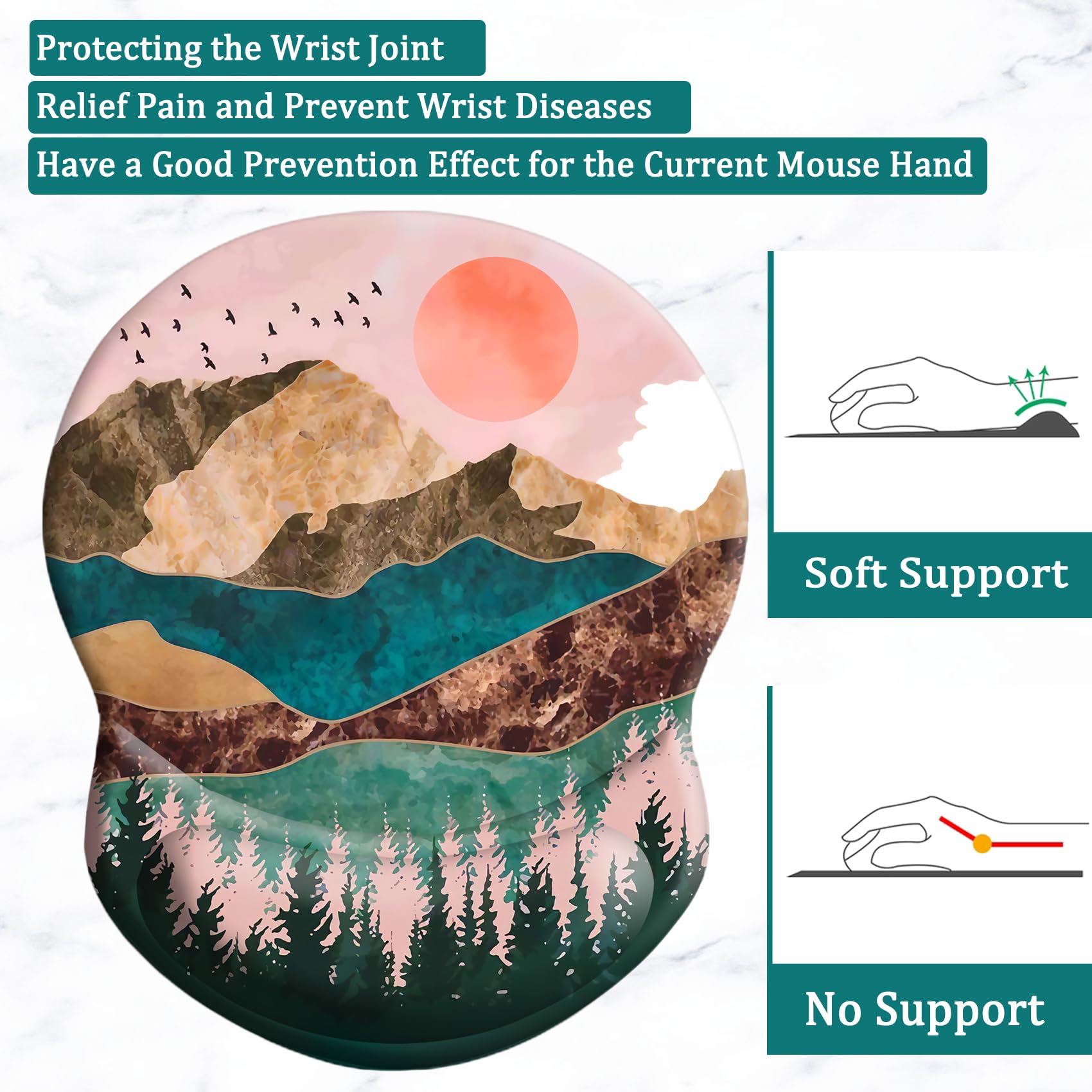Ergonomic Mouse Pad with Wrist Support - Pain Relief & Non-Slip PU Base for Home Office, Gaming & Studying - Sunset Forest Mountains Design - Perfect for Long Computer Sessions & Comfortable Typing