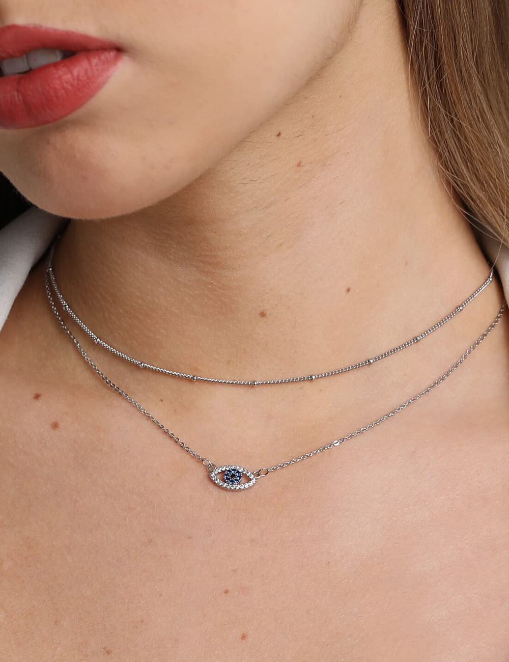 14K Gold Plated Evil Eye Layered Necklace Set for Women - 2PCS Dainty Satellite Beaded Choker with Rose Gold & Fake Diamond Pendant - Perfect for Everyday Wear, Gift Giving & Spiritual Protection