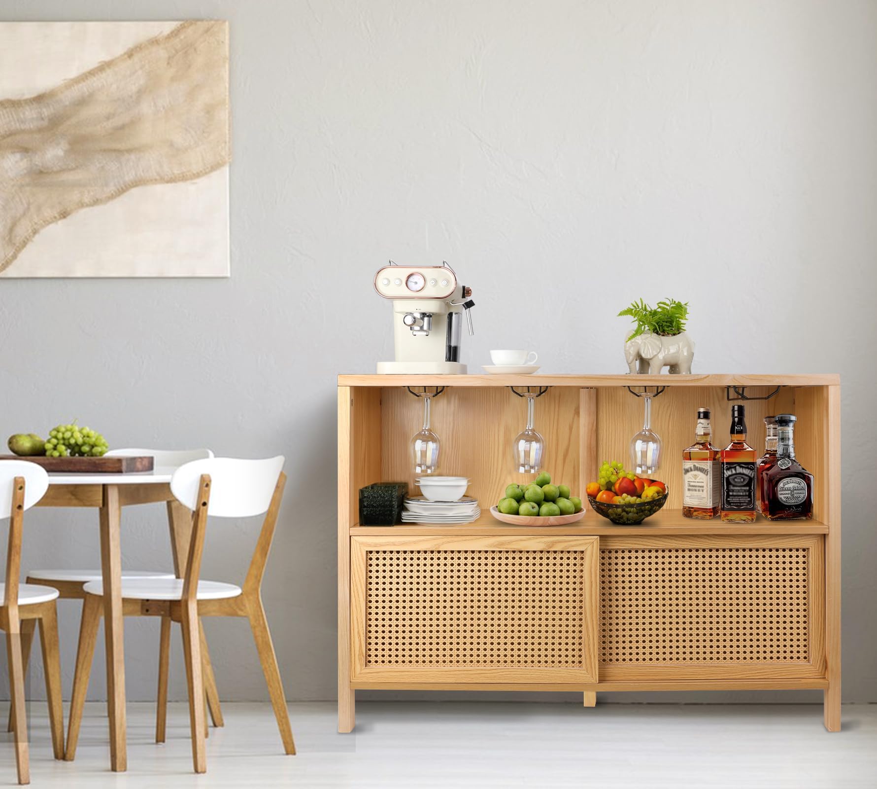 ZYBT Coffee Bar Cabinet with Storage - Modern Liquor Cabinet & Wine Bar for Home, Boho Rattan Bar Table with Glass Storage | Perfect for Kitchen, Living Room & Entertaining Guests