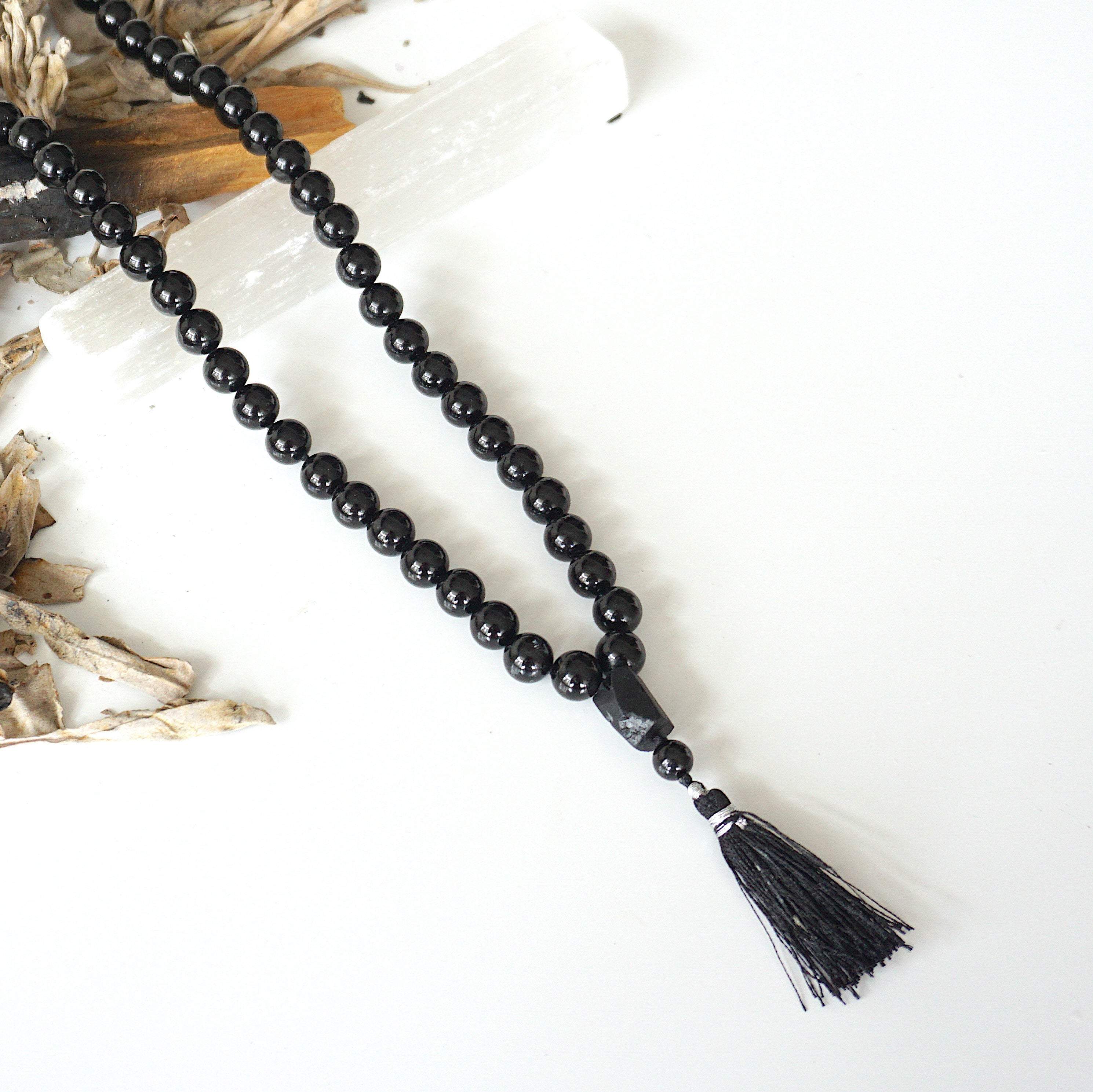 Black Tourmaline Mala Necklace - 108 Beads Spiritual Buddhist Meditation Prayer Necklace for Protection, Stress Relief & Positive Energy | Perfect for Yoga, Mindfulness & Chakra Balancing