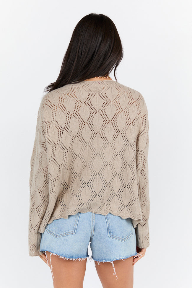 By The Bay Taupe Open Knit Sweater - Women's Lightweight Cardigan for Fall & Winter - Perfect for Casual Outfits, Office Wear and Coffee Dates
