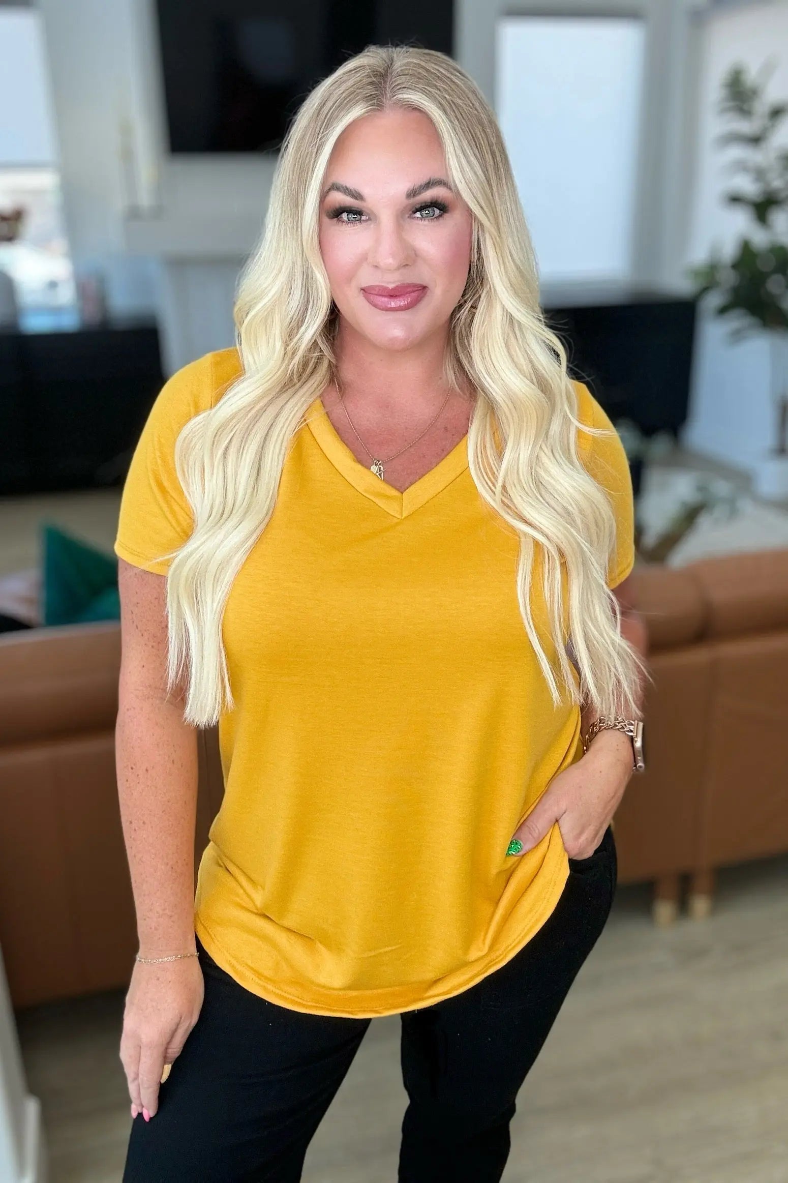 Heart and Soul Mustard V Neck Top for Women - Casual & Chic Blouse for Work, Date Night, and Everyday Wear
