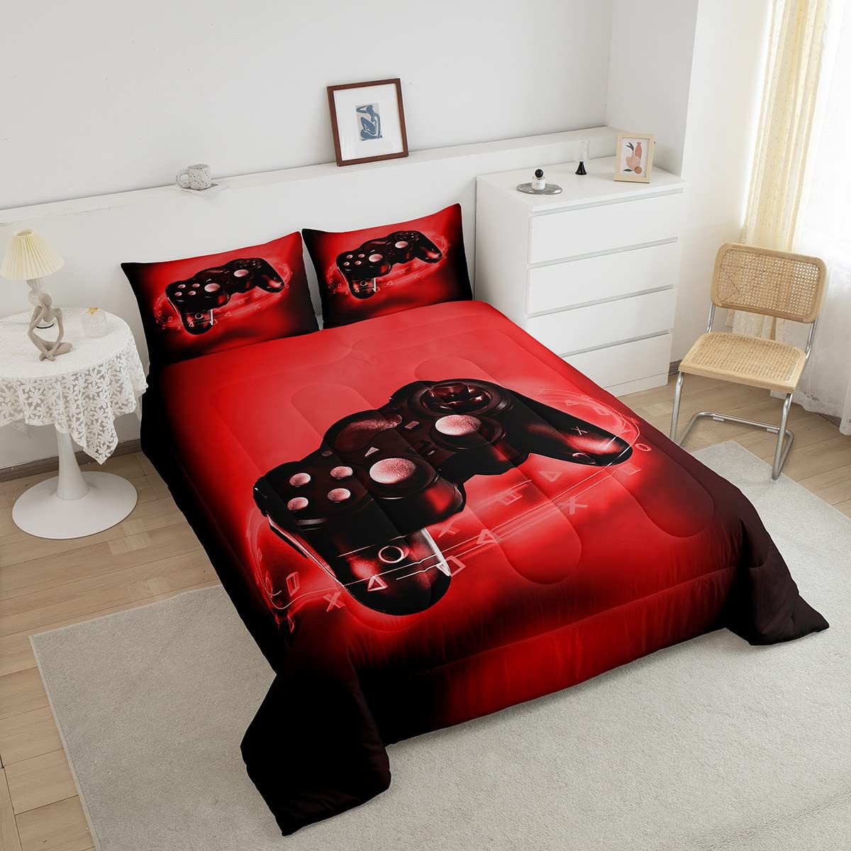 Feelyou Gaming Comforter Set - Video Game Themed Bedding for Teens & Boys - Red & Black Gamer Duvet Cover with Controller Design - Full/Queen Size Comforter & 2 Pillowcases - Perfect for Gaming Rooms, Teen Bedrooms & Sleepovers