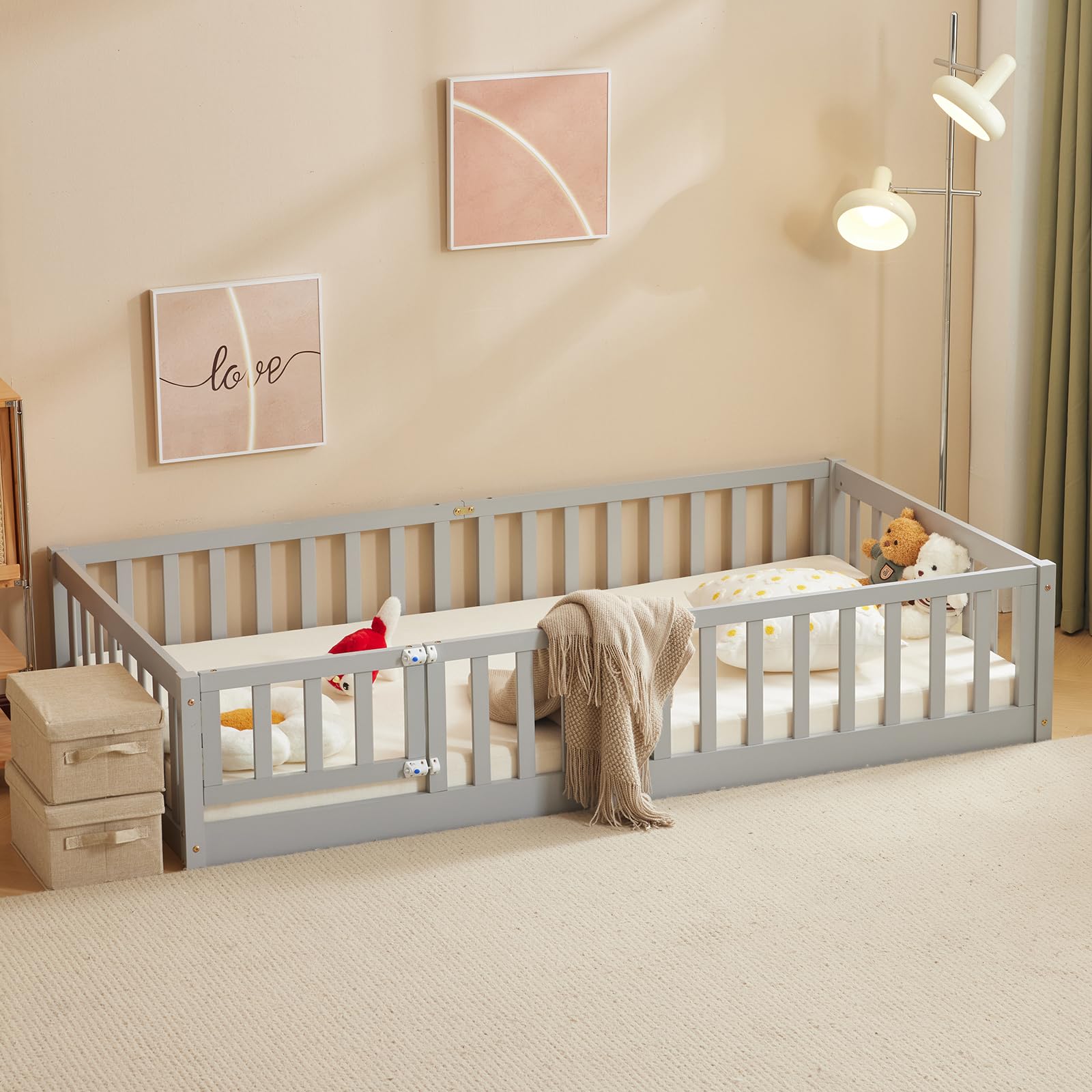 Montessori Toddler Floor Bed with Door & Safety Fence - Solid Wood Twin Bed Frame for Kids with 12 Slats & Guardrails - Grey (Perfect for Girls & Boys Bedroom, Playroom or Montessori Learning Space)