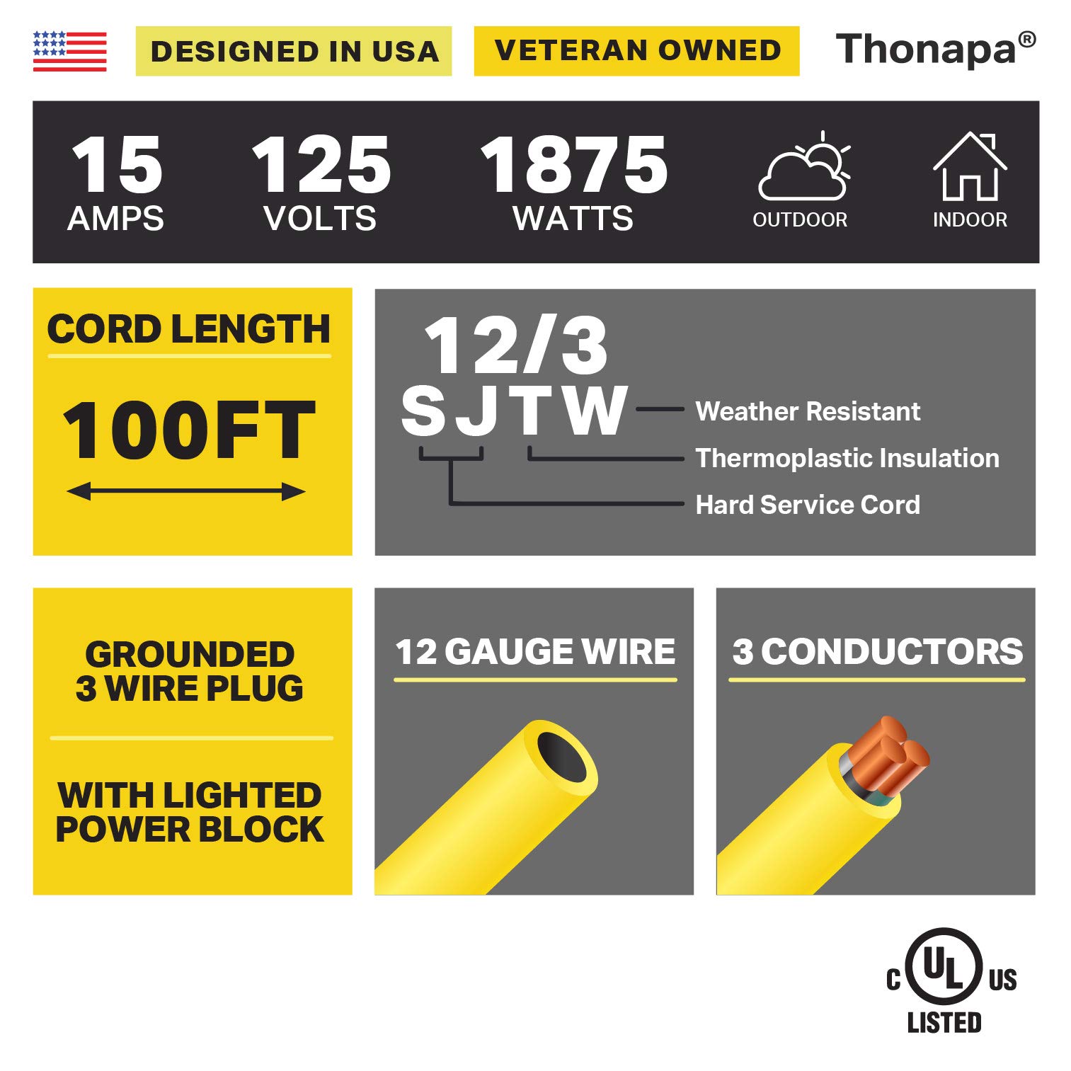**100 ft Heavy Duty 12 Gauge 15 Amp Outdoor Extension Cord with 3 Outlets & Light - SJTW Yellow - Ideal for Power Tools, Garden Equipment, and Major Appliances - Perfect for Construction, Landscaping, and Outdoor Events**
