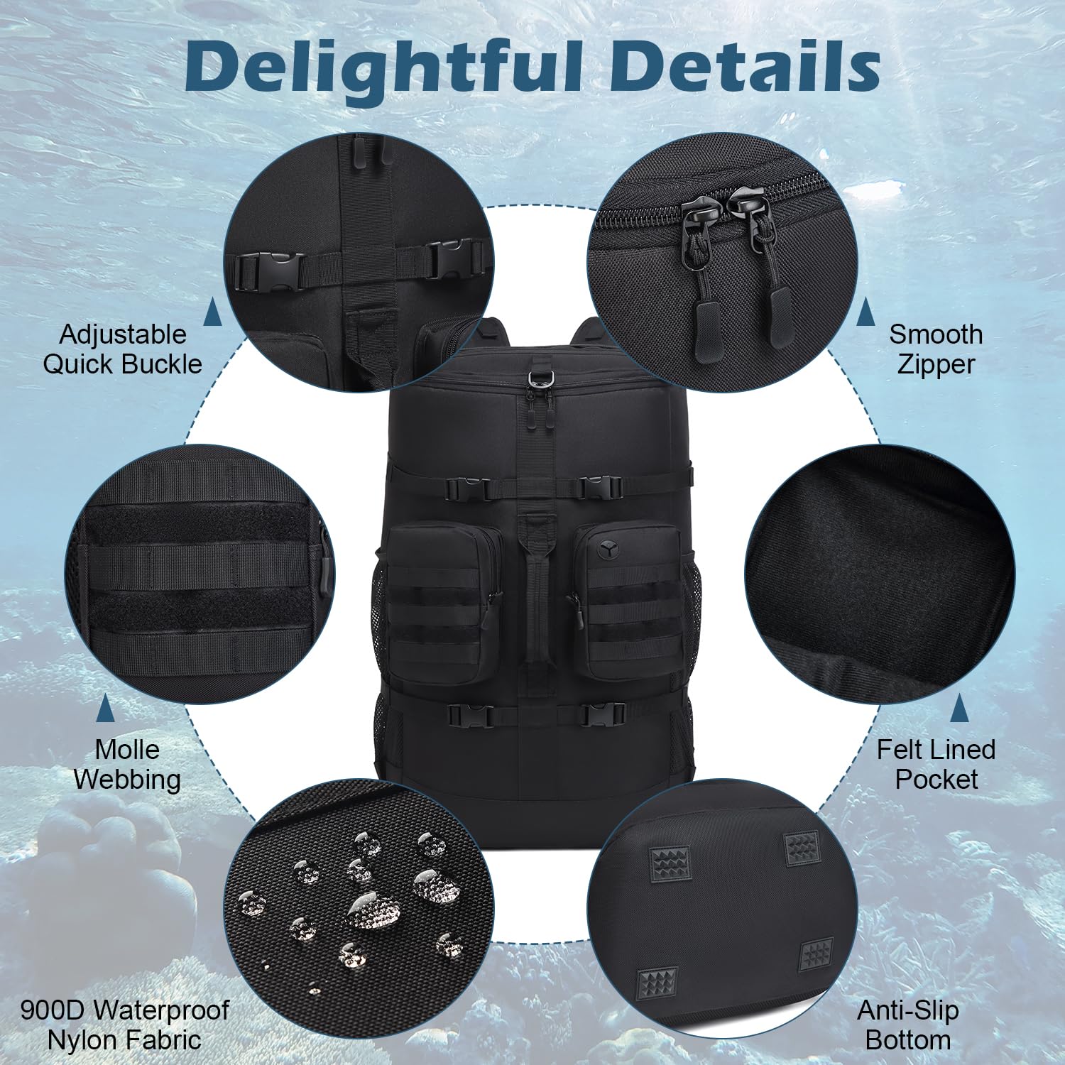 65L Scuba Diving Backpack - Waterproof Travel Backpack for Scuba & Snorkeling Gear | Holds Fins, Snorkel, Wetsuit & Dive Equipment | Perfect for Ocean Adventures, Beach Trips & Water Sports (Black)