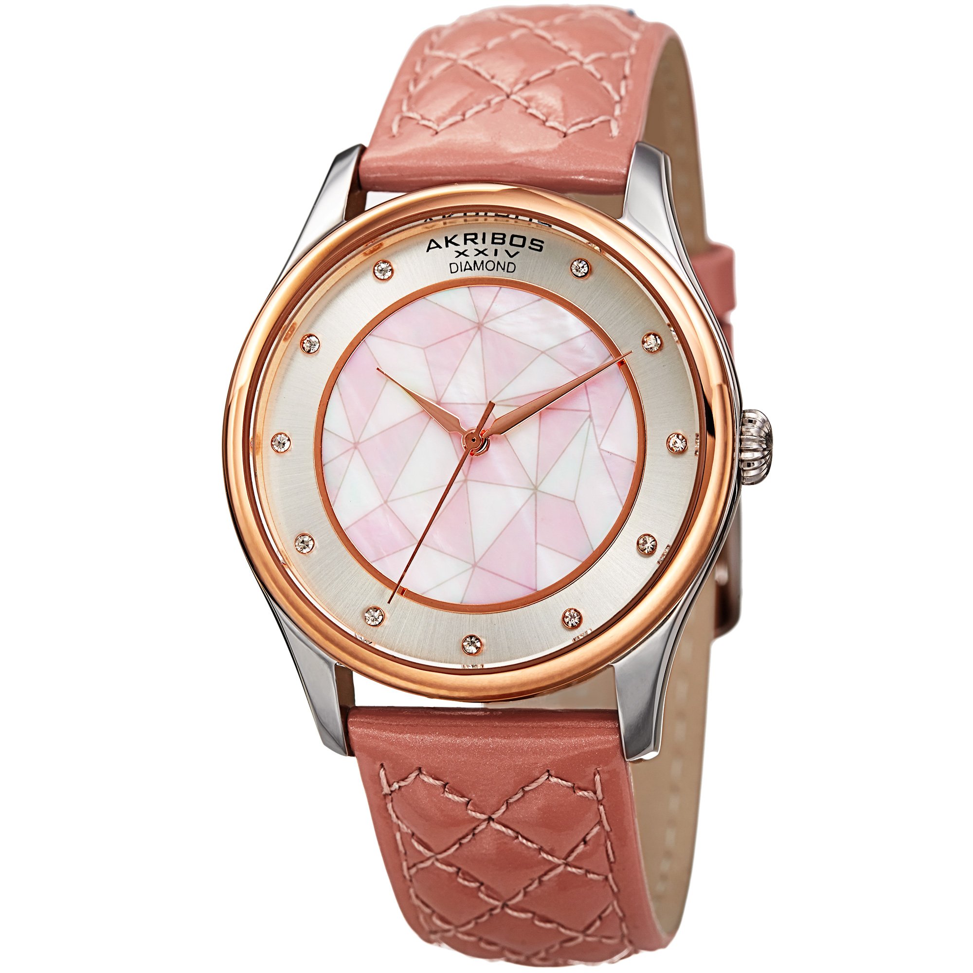 Akribos XXIV Women's Mother-of-Pearl Watch with 11 Diamond Hour Markers & Mosaic Dial - Genuine Leather Strap Watch AK925 - Perfect for Office, Party & Special Occasions