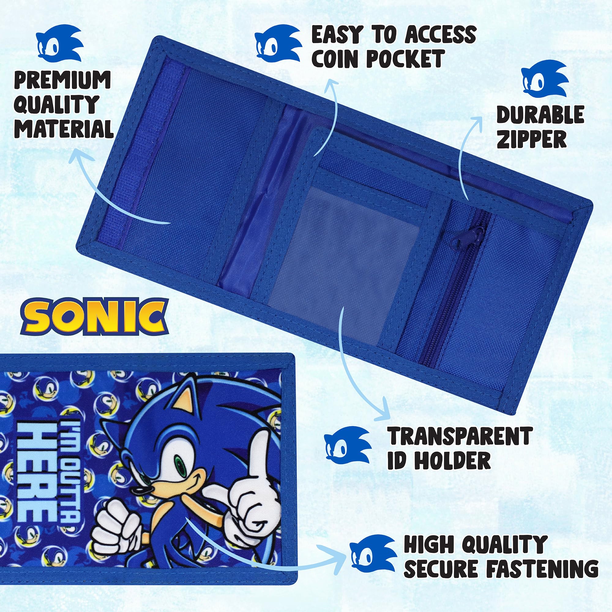 Sonic The Hedgehog Wallet for Kids - Boys and Girls Trifold Canvas Purse with Hook & Loop Closure, Zip Pocket & Coin Holder - Perfect for School, Travel, and Everyday Use