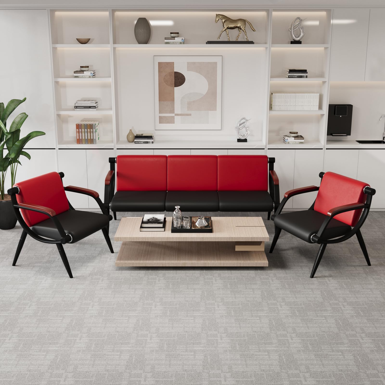 Premium Waiting Room Chairs - Leather Reception Chairs with Arms for Office, Clinic, Airport, Hospital, Barber Salon & Bank | Comfortable Seating Solution in Red & Black | Perfect for Professional Spaces & High-Traffic Areas