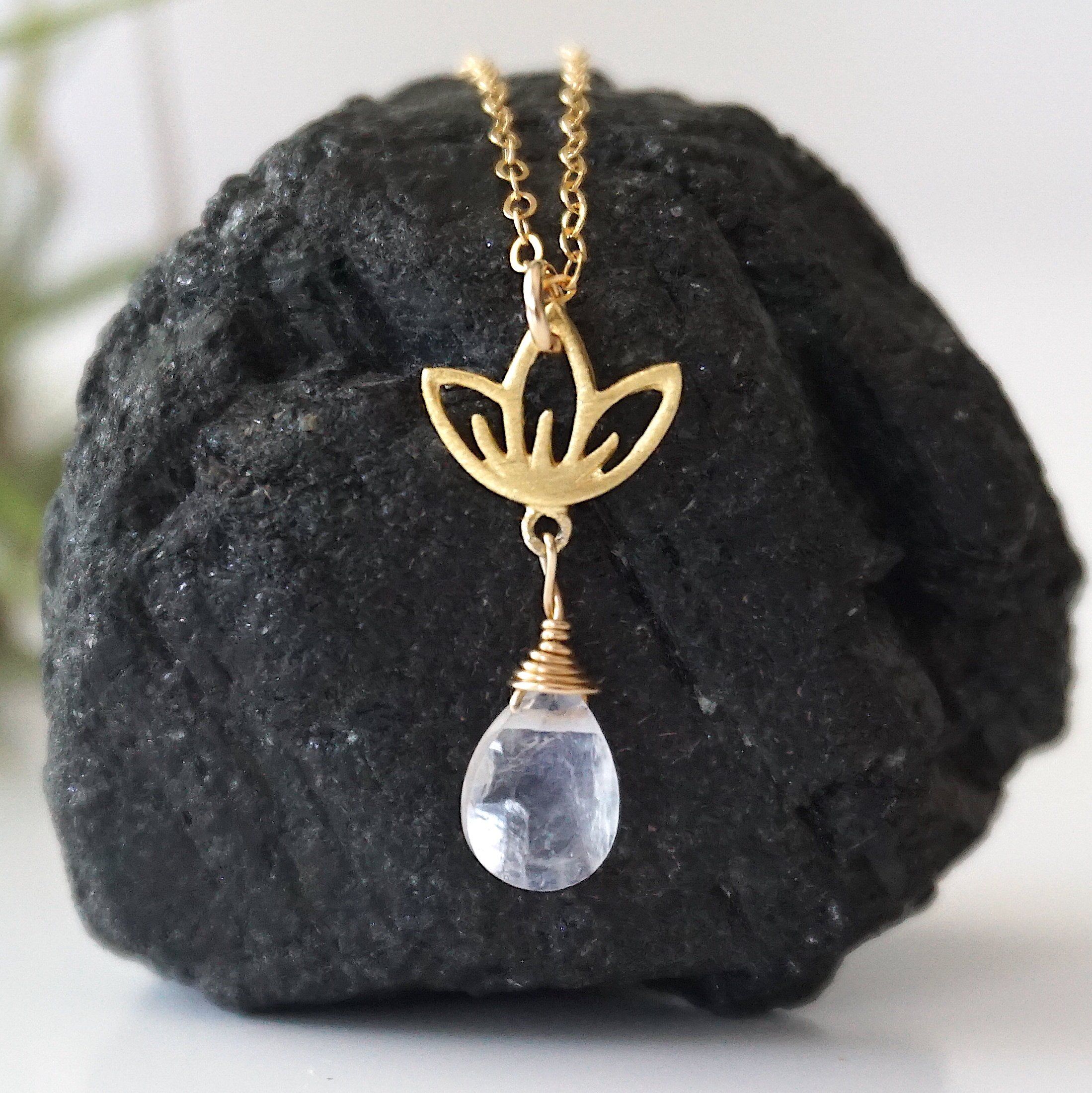 Rainbow Moonstone Necklace with Drop Lotus Charm - 14K Gold Filled Jewelry for Women, Elegant Boho Pendant Necklace for Everyday Wear & Special Occasions