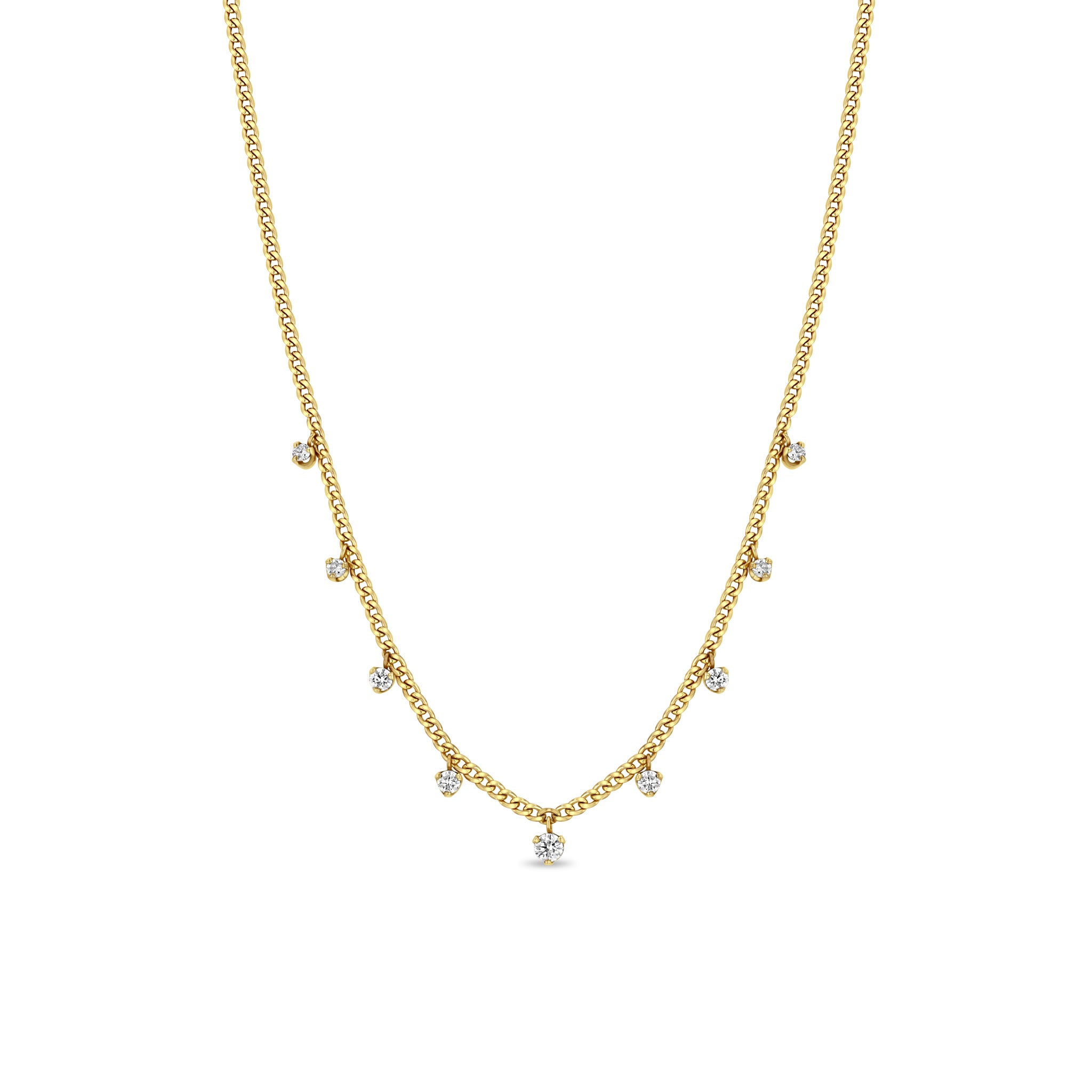 14K Gold 9 Dangling Prong Diamond Extra Small Curb Chain Necklace for Women - Elegant Layering Necklace for Everyday Wear & Special Occasions
