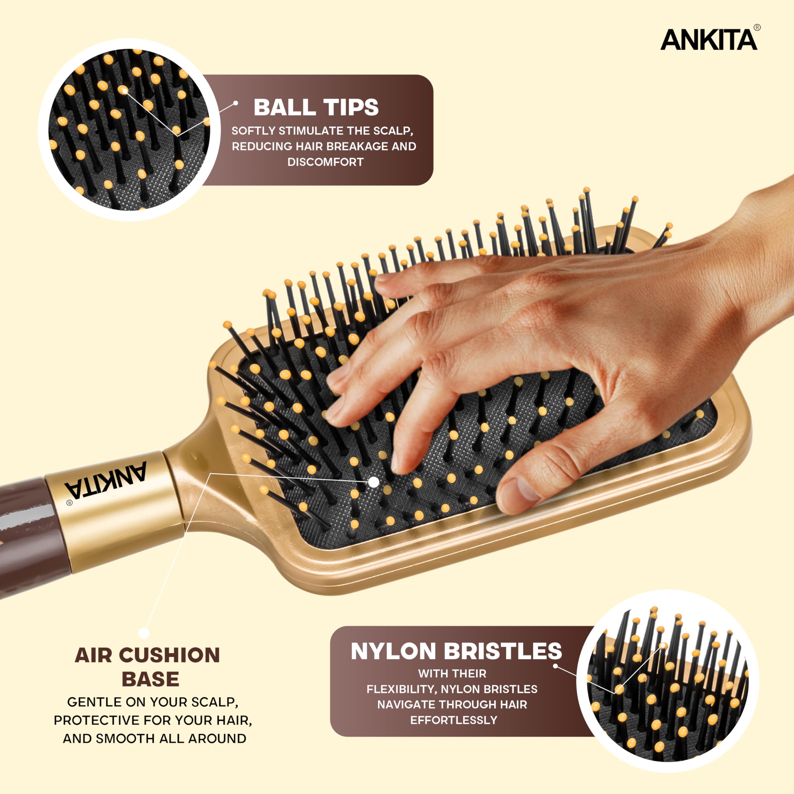 Ankita Golden Paddle Hair Brush with Nylon Bristles - Strong & Flexible Soft Bristles for Grooming, Straightening, Smoothing & Detangling Hair - Ideal for Men & Women (A5) - Perfect for Daily Hair Care, Styling & Salon Use at Home