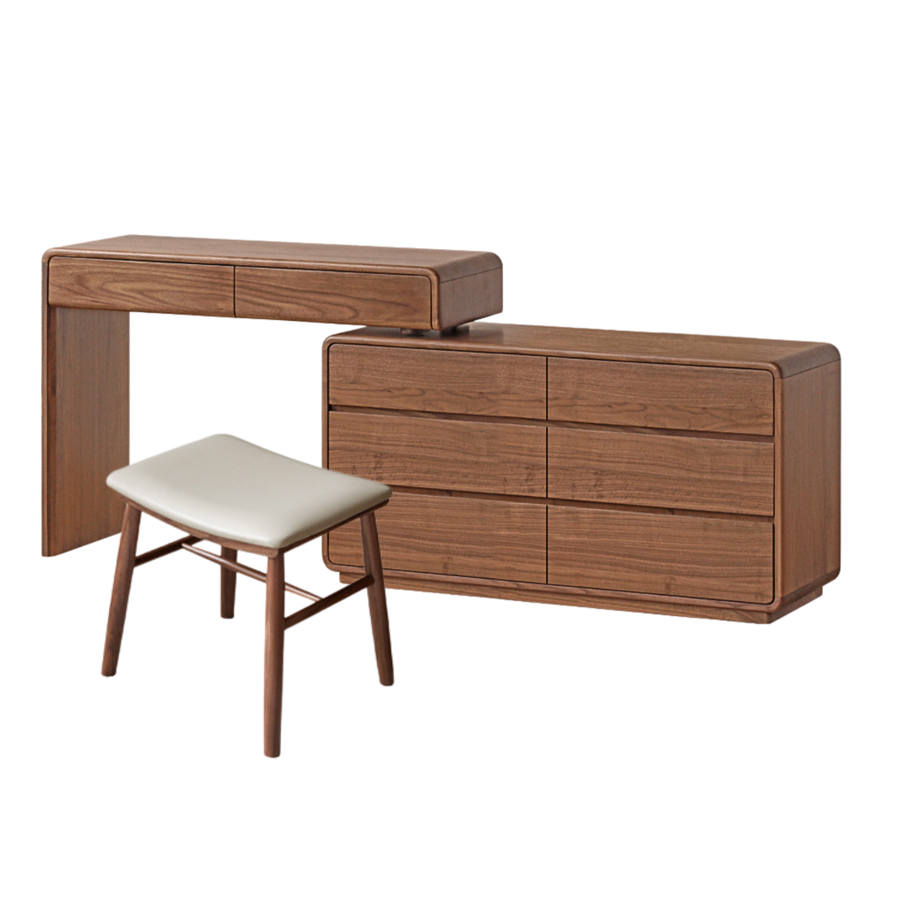 47.6x16.5x31.5 inch / 121.2x42x62 cm /  Rich dark walnut color/ six-drawer cabinet + Dressing table left + makeup stool