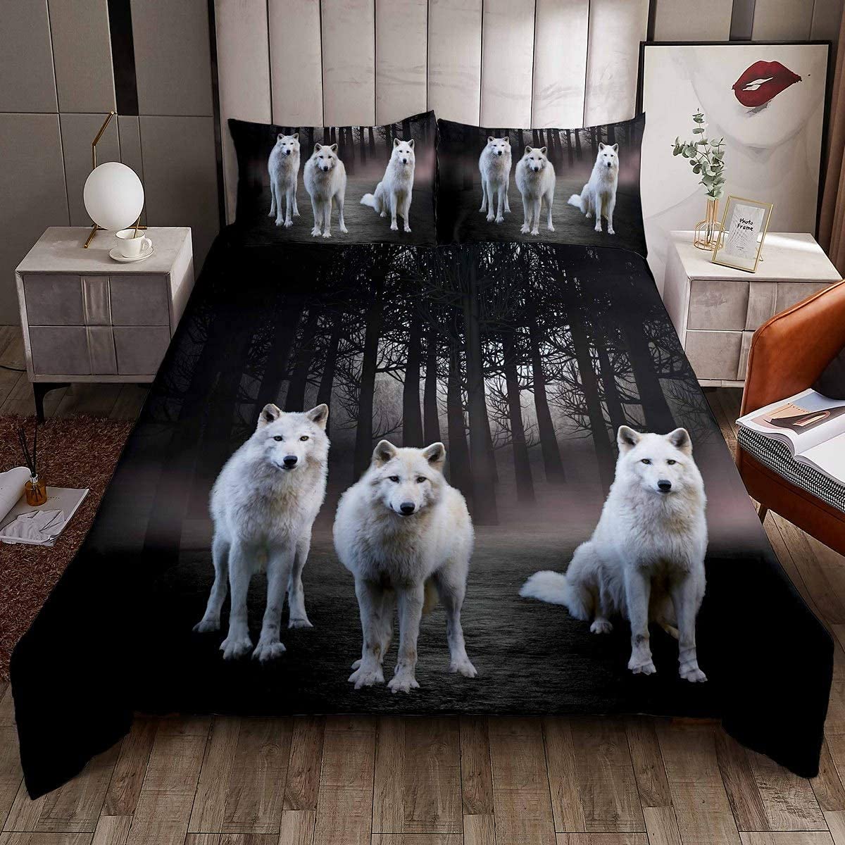 Feelyou Wolf Bedding Set Twin Size - Safari Animal Print Duvet Cover for Kids & Teens - White Wolf Family Comforter Cover with Woodland Tree Design - Cool Wildlife Style Bedroom Decor (2-Piece Set) - Perfect for Kids' Rooms, Dorm Decor & Nature-Themed Bedrooms