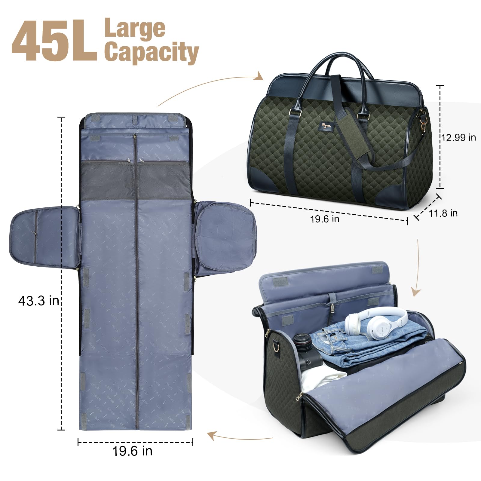 Premium Convertible Garment Bag for Women - Large PU Leather Duffel Bag with Shoe Compartment | 2-in-1 Hanging Suitcase for Business Travel & Weekend Getaways | Carry-On Luggage with Waterproof Design for Airplanes & Train Trips