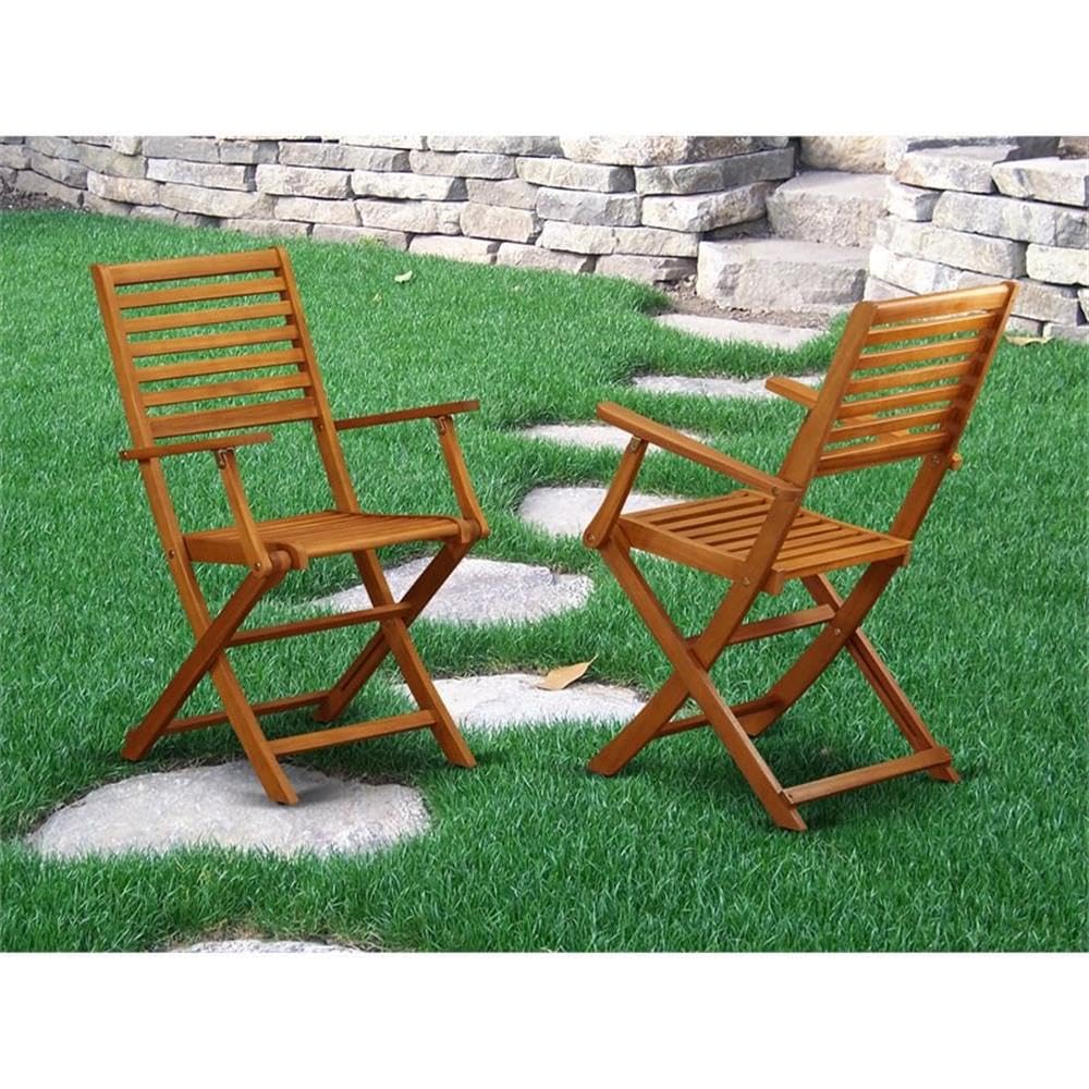 East West Furniture BBSCANA Beasley Folding Patio Dining Chairs with Armrest - Acacia Wood, Set of 2, Natural Oil Finish - Perfect for Outdoor Dining, Garden, Deck, and Poolside Relaxation
