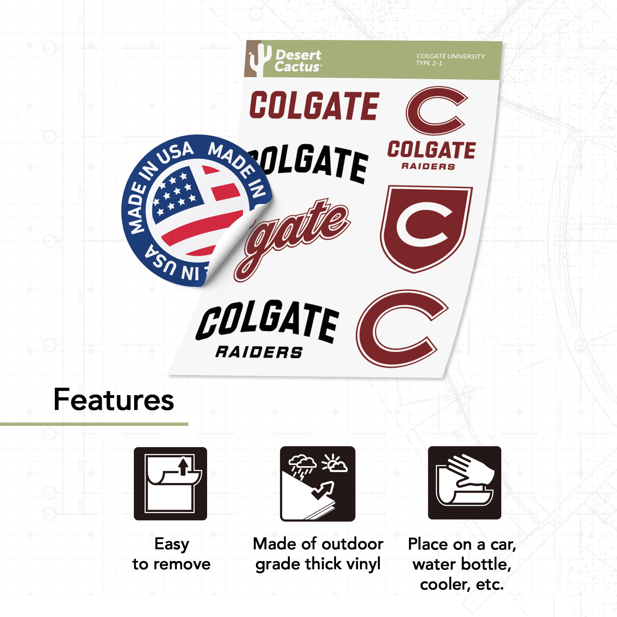 Colgate University Desert Cactus Vinyl Decals - Waterproof Stickers for Laptop, Water Bottle, Car & Scrapbook - Perfect for College Students, Alumni & Fans (Type 2)