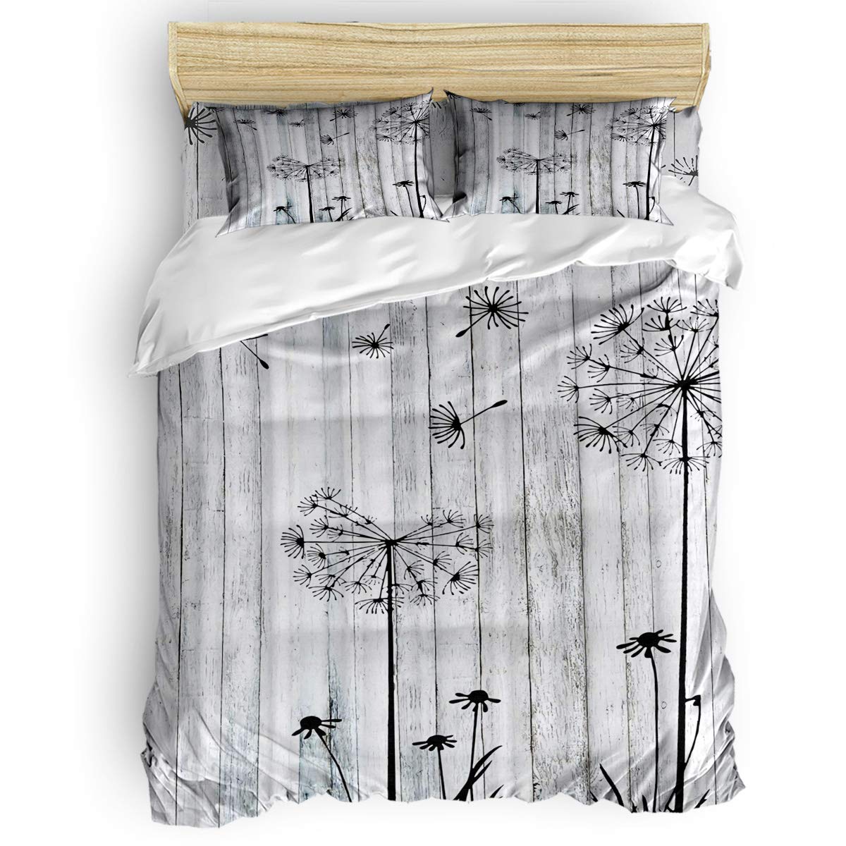 4-Piece Queen Size Duvet Cover Set - Soft Dandelion Rustic Wooden Pattern Bedding (Duvet Cover, Flat Sheet & Pillowcases) for Adults, Teens & Kids | Perfect for Cozy Bedrooms, Guest Rooms & Dorm Decor