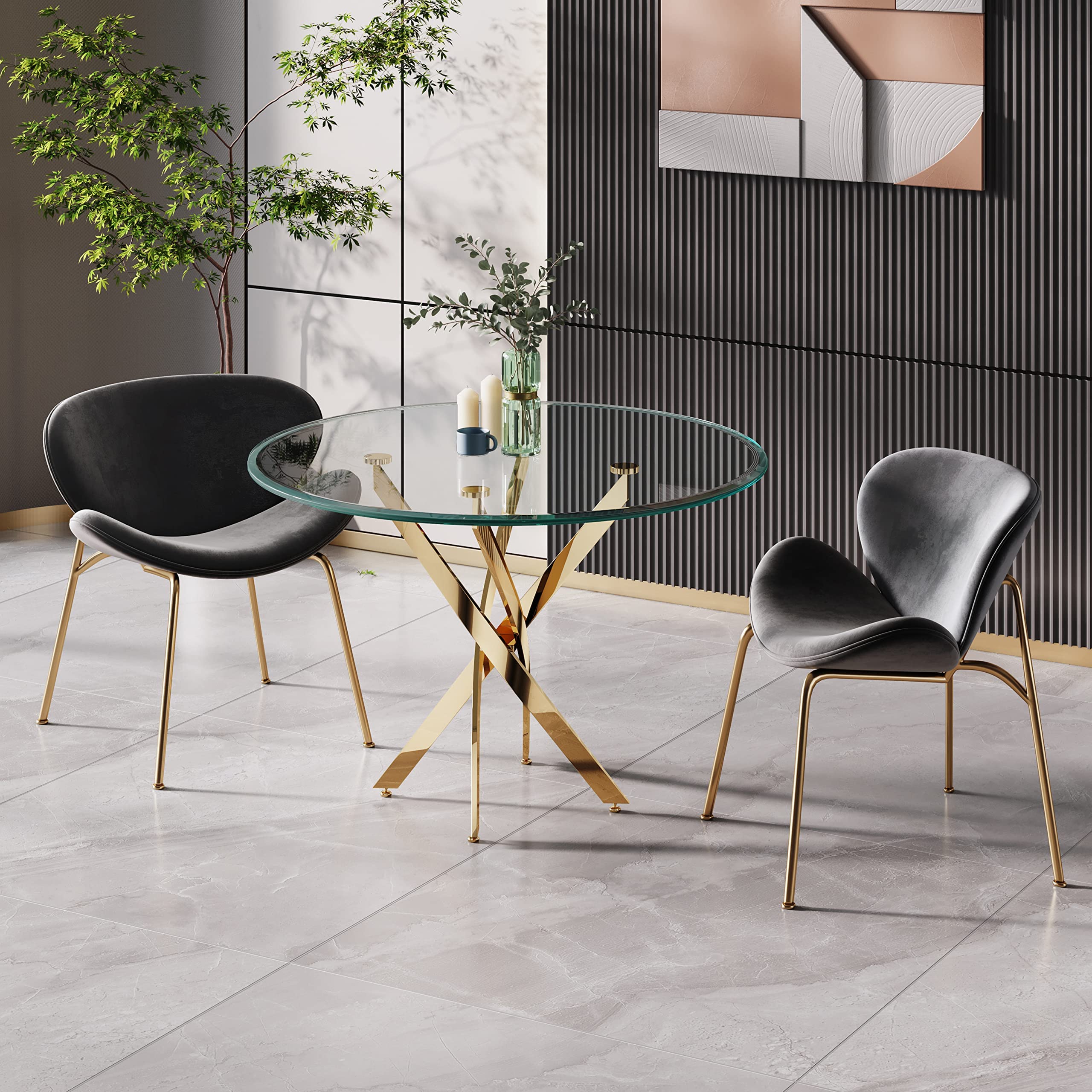Yoluckea Velvet Vanity Chair Set of 2 - Modern Upholstered Living Room Chairs with Gold Metal Legs, Elegant Makeup Desk & Dining Side Chair with Arced Seat & Back - Perfect for Bedroom, Kitchen, Dining Room & Home Office Decor (Grey)