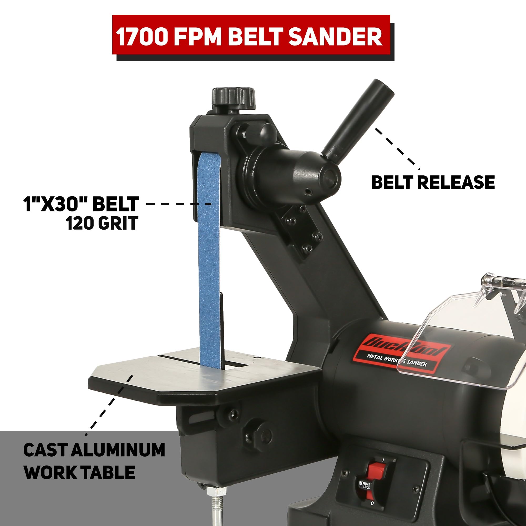 Bucktool 1x30 Inch Belt & 6 Inch Grinder Combo - 1/3 HP Low Speed Bench Belt Disc Sander for Knife Making, Sharpening, Woodworking & Metalworking - Perfect for DIY Projects, Home Workshops & Professional Metal Fabrication