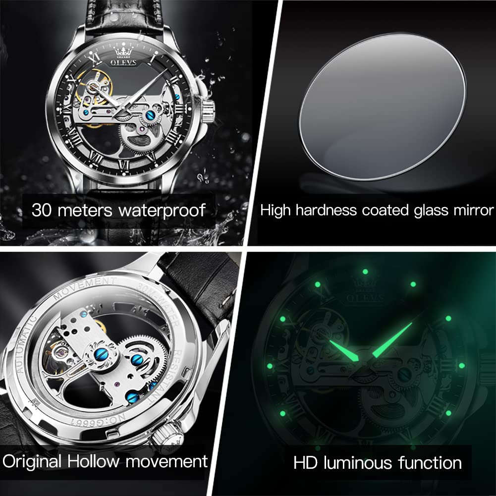 OLEVS Men's Automatic Skeleton Watch - Self-Winding Mechanical Dress Watch with Leather Strap, Waterproof & Luminous - Luxury Wristwatch for Business, Formal & Casual Wear