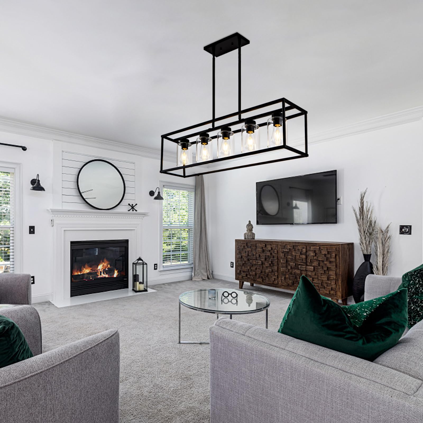 5-Light Matte Black Farmhouse Chandelier - Adjustable Height Rectangular Pendant Lighting for Dining Room, Kitchen & Living Room | Modern Industrial Hanging Light Fixture for Farmhouse, Restaurant & Home Decor